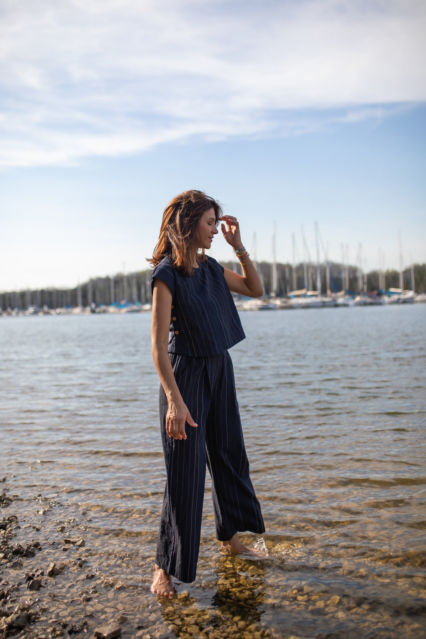 Katie Handwoven Cotton Set in Navy Pin Stripe