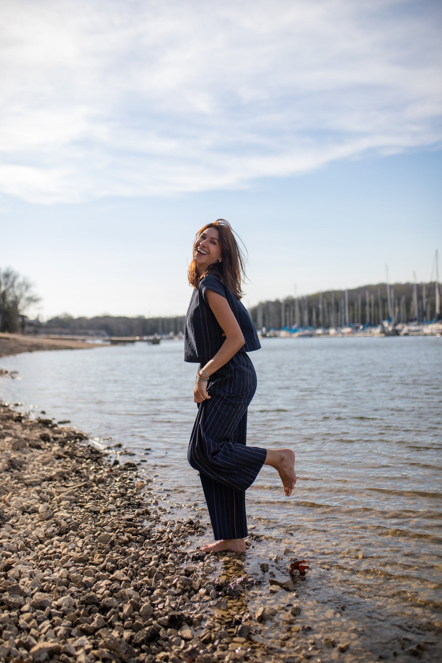 Katie Handwoven Cotton Set in Navy Pin Stripe