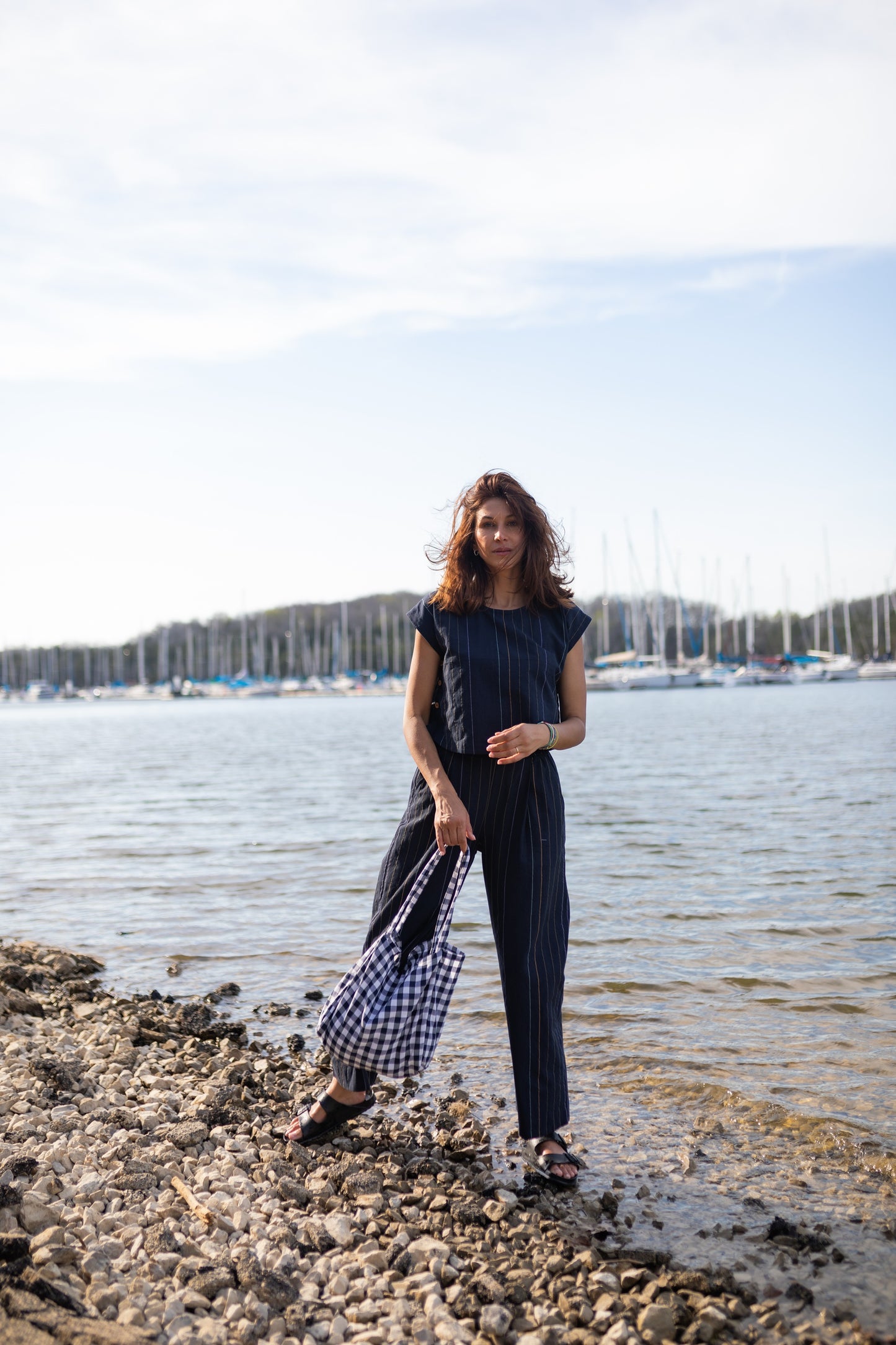 Katie Handwoven Cotton Set in Navy Pin Stripe