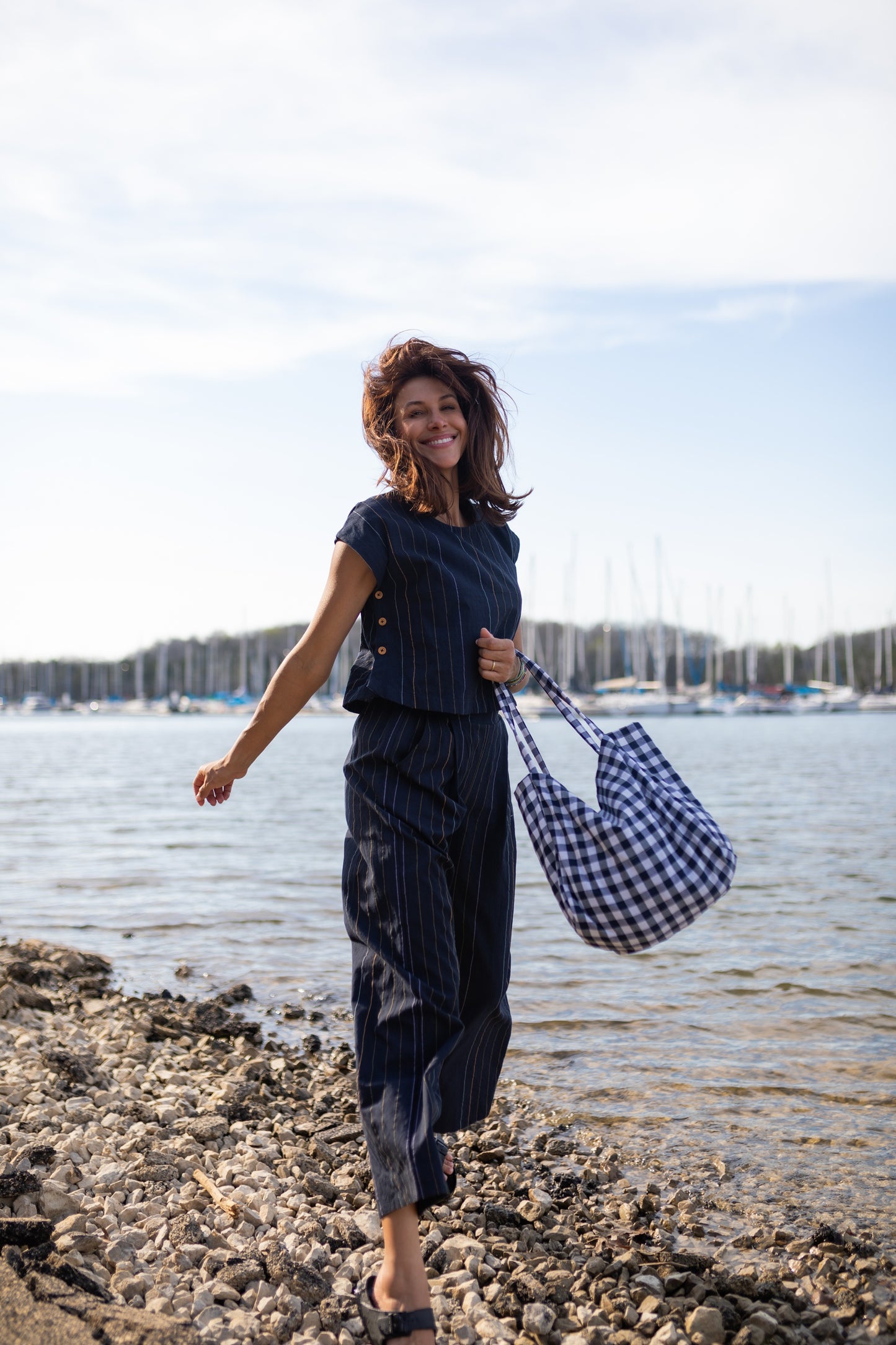 Katie Handwoven Cotton Set in Navy Pin Stripe