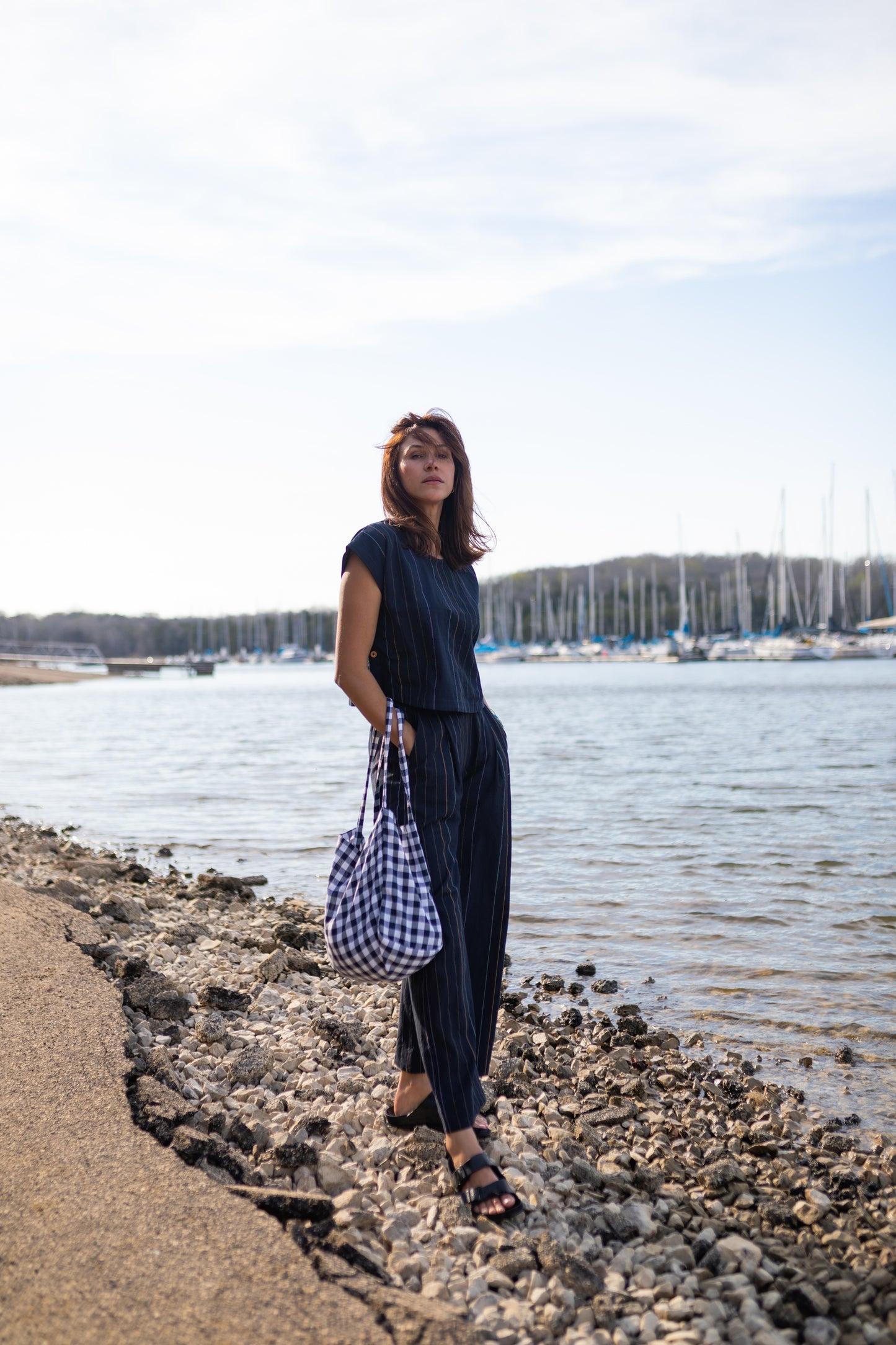 Katie Handwoven Cotton Set in Navy Pin Stripe