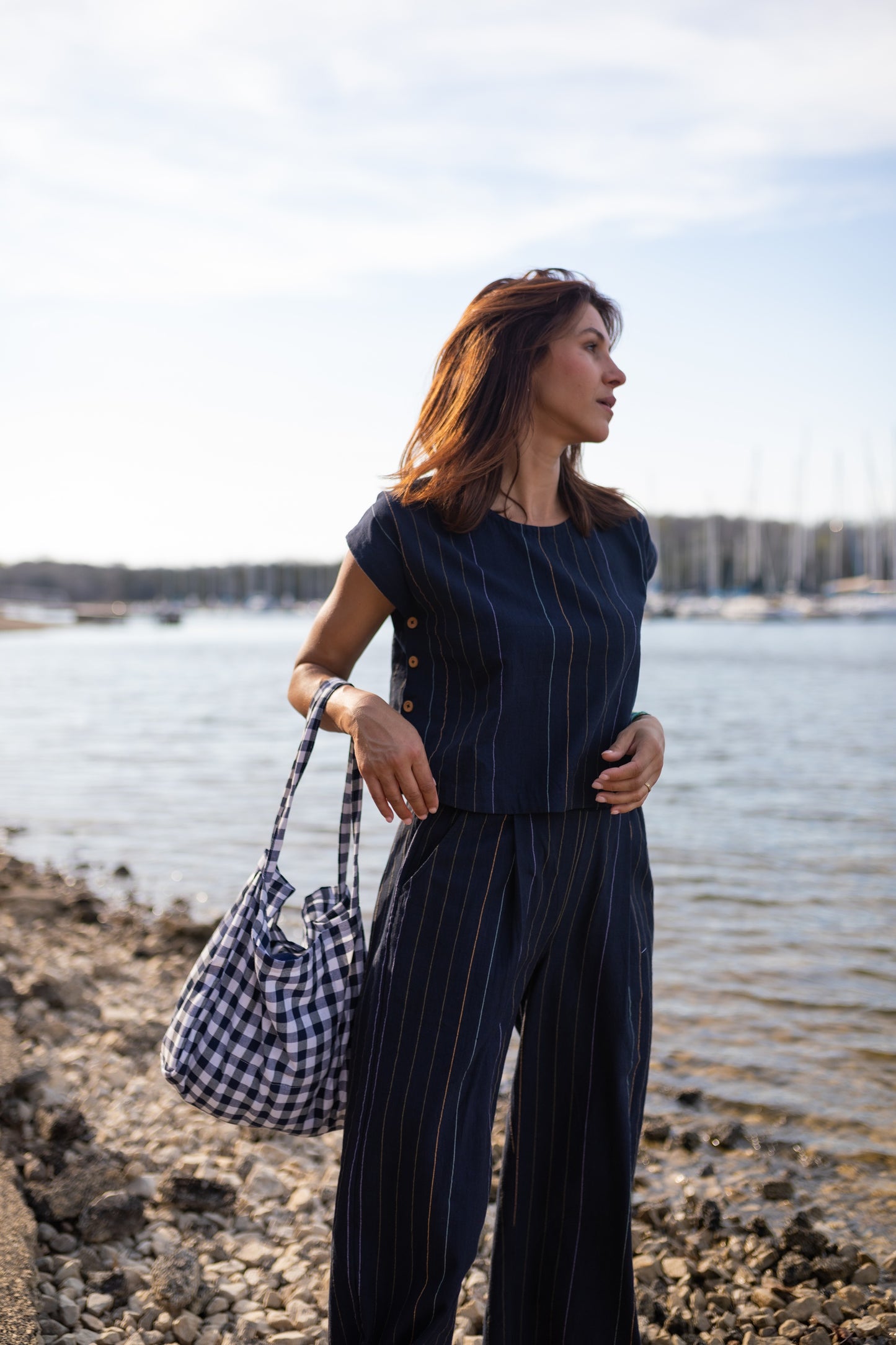 Katie Handwoven Cotton Set in Navy Pin Stripe