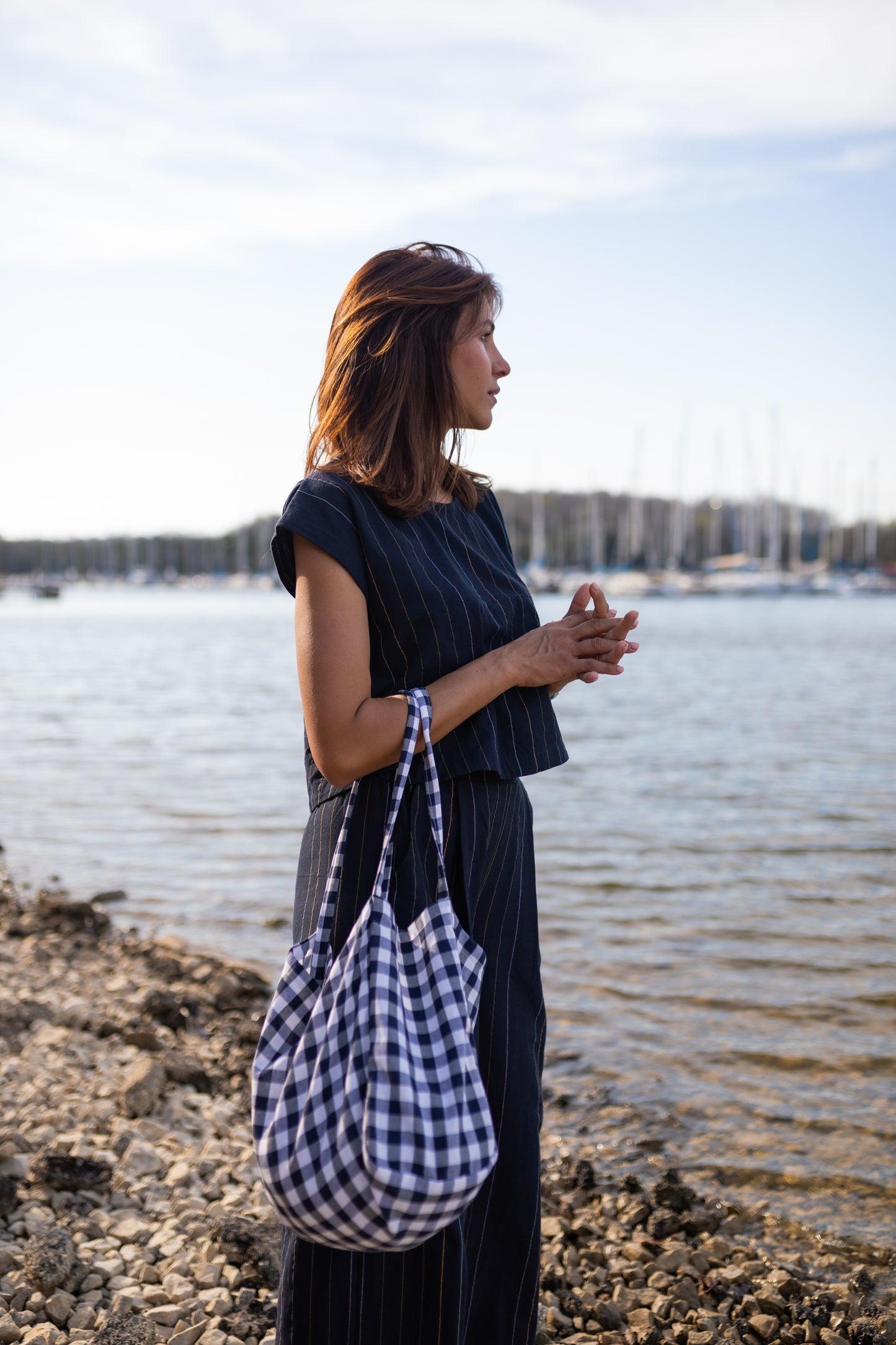 Katie Handwoven Cotton Set in Navy Pin Stripe