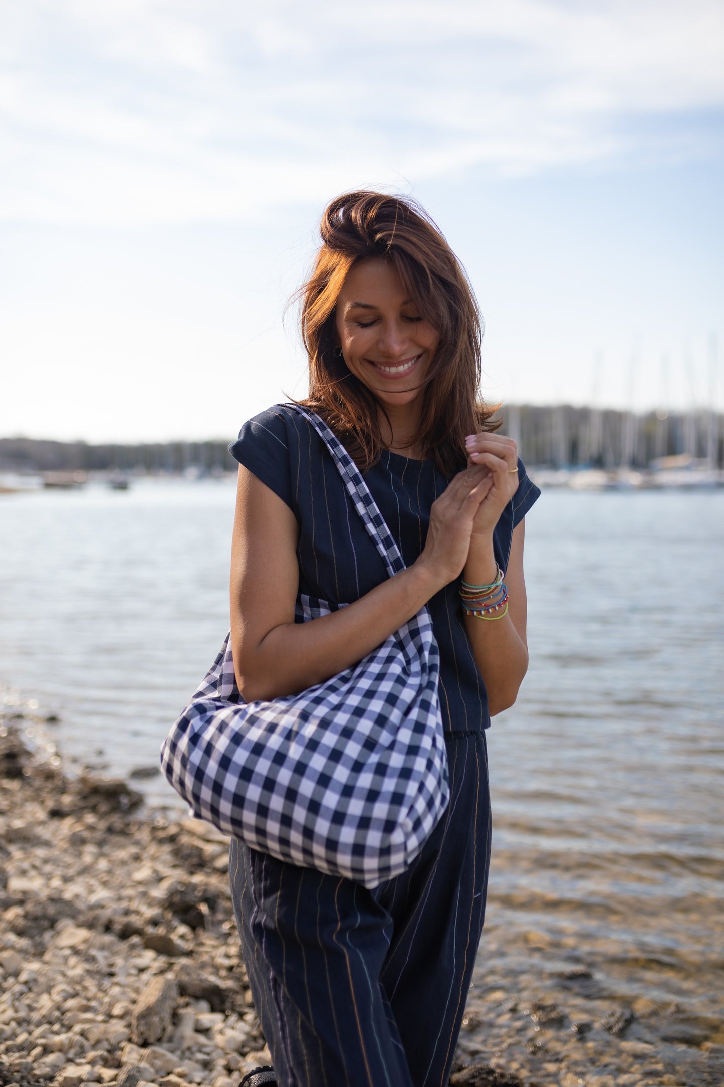 Katie Handwoven Cotton Set in Navy Pin Stripe