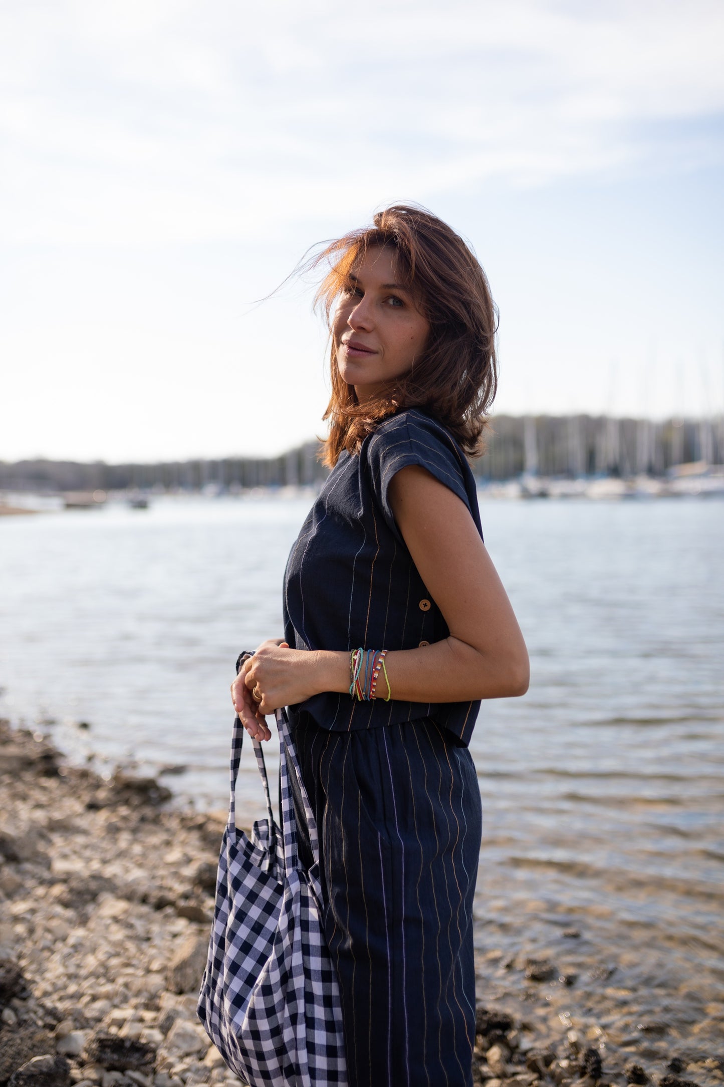 Katie Handwoven Cotton Set in Navy Pin Stripe