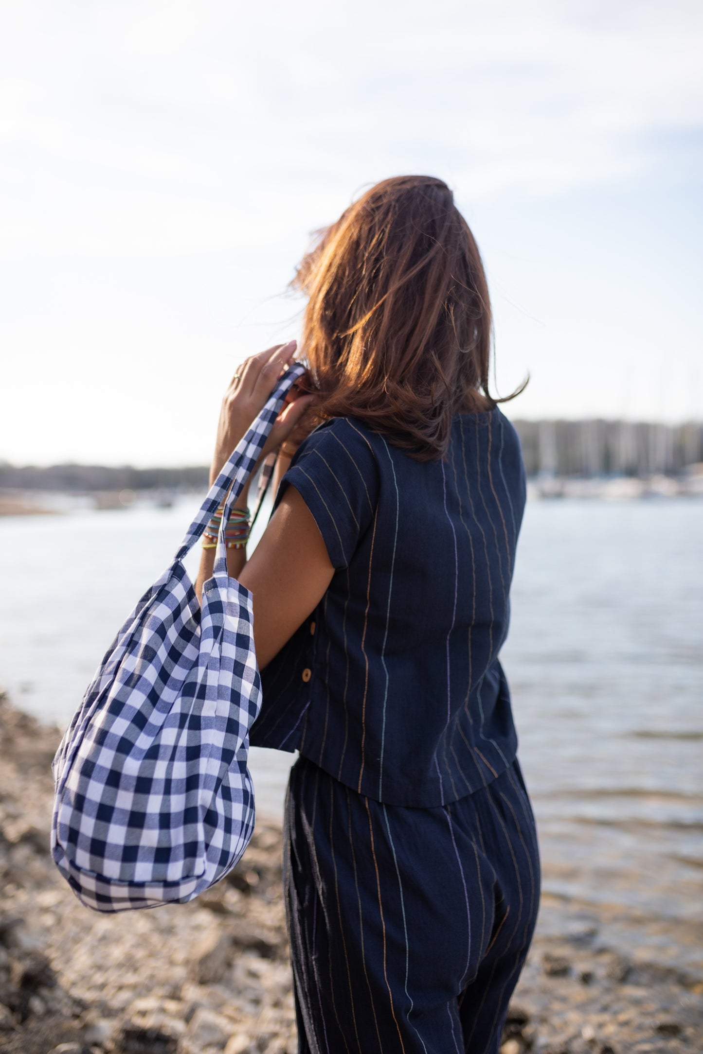 Katie Handwoven Cotton Set in Navy Pin Stripe
