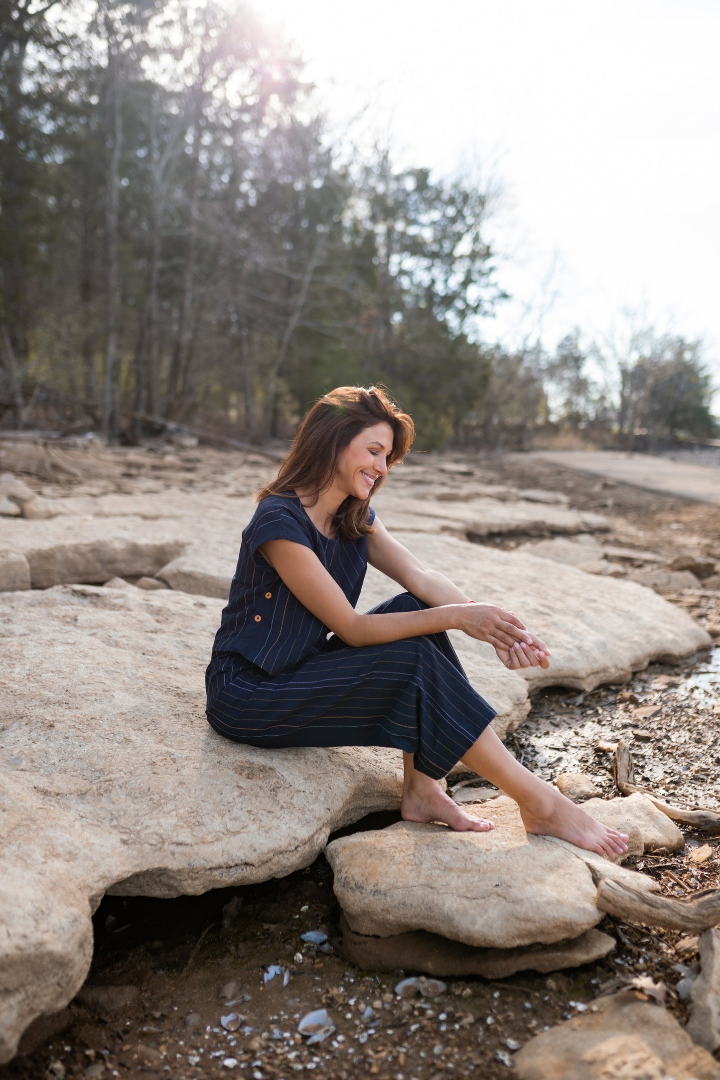 Katie Handwoven Cotton Set in Navy Pin Stripe