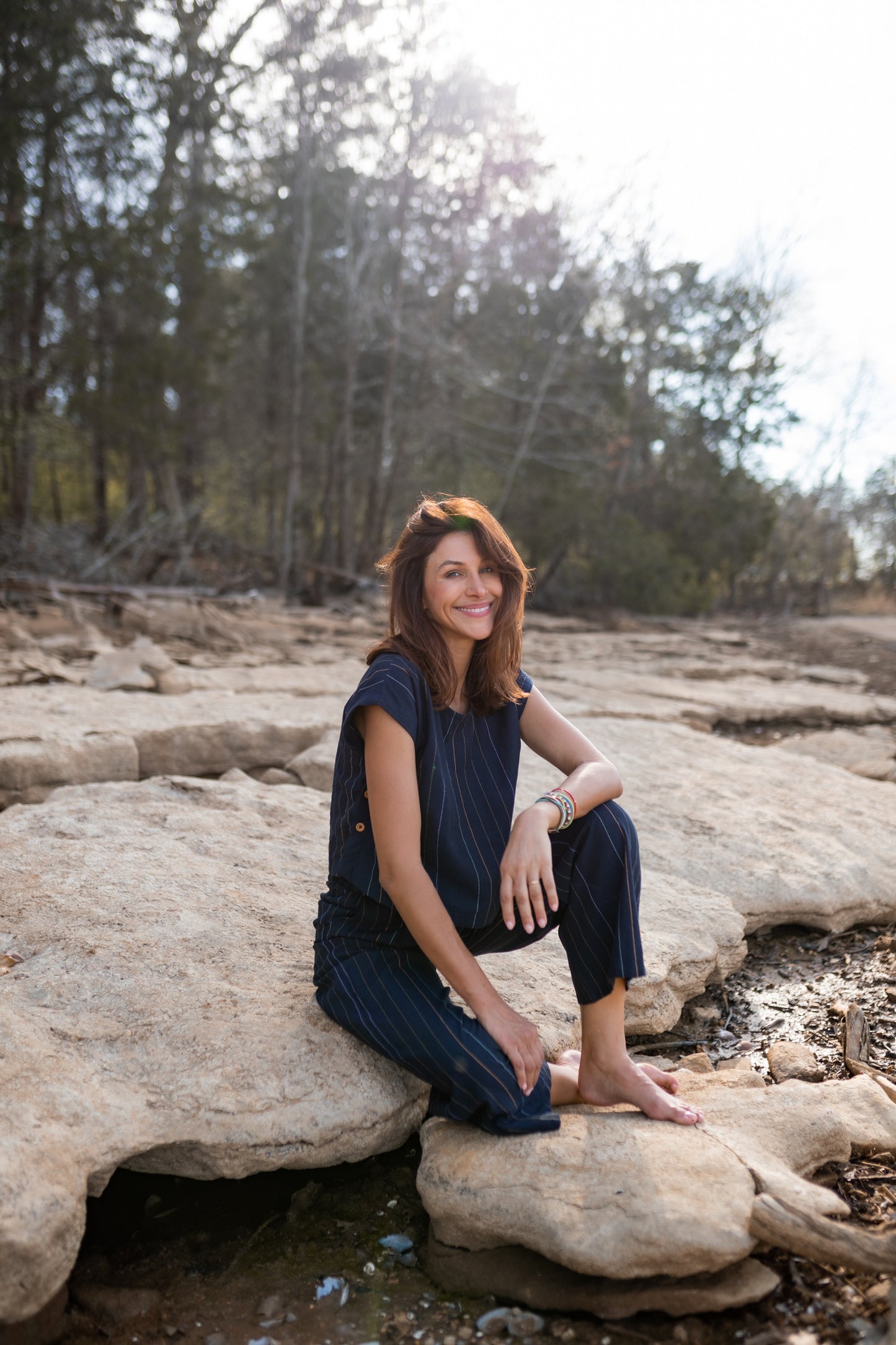 Katie Handwoven Cotton Set in Navy Pin Stripe