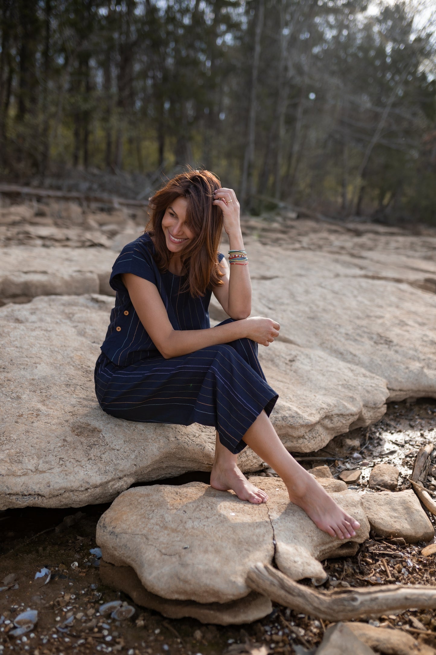 Katie Handwoven Cotton Set in Navy Pin Stripe