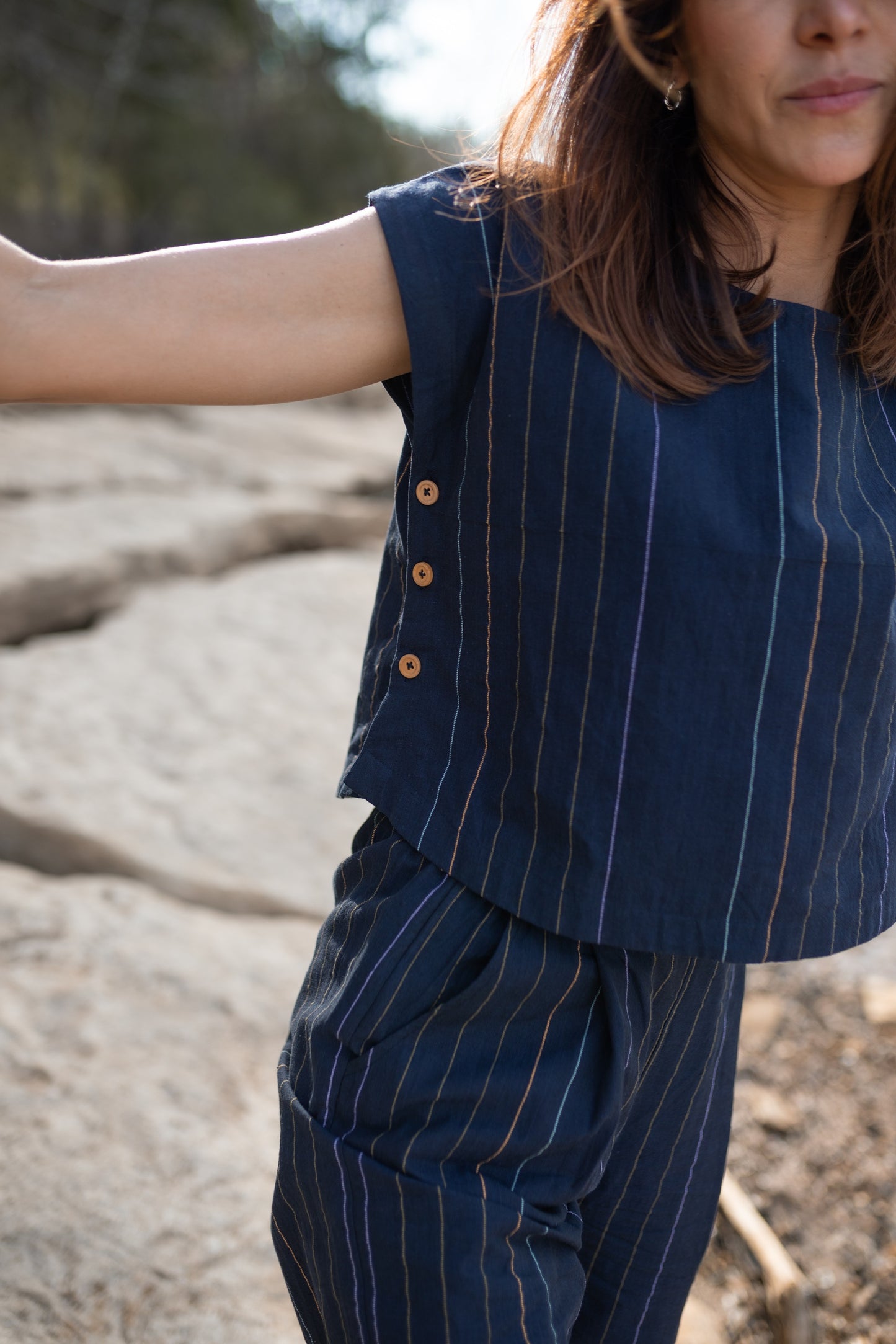 Katie Handwoven Cotton Set in Navy Pin Stripe