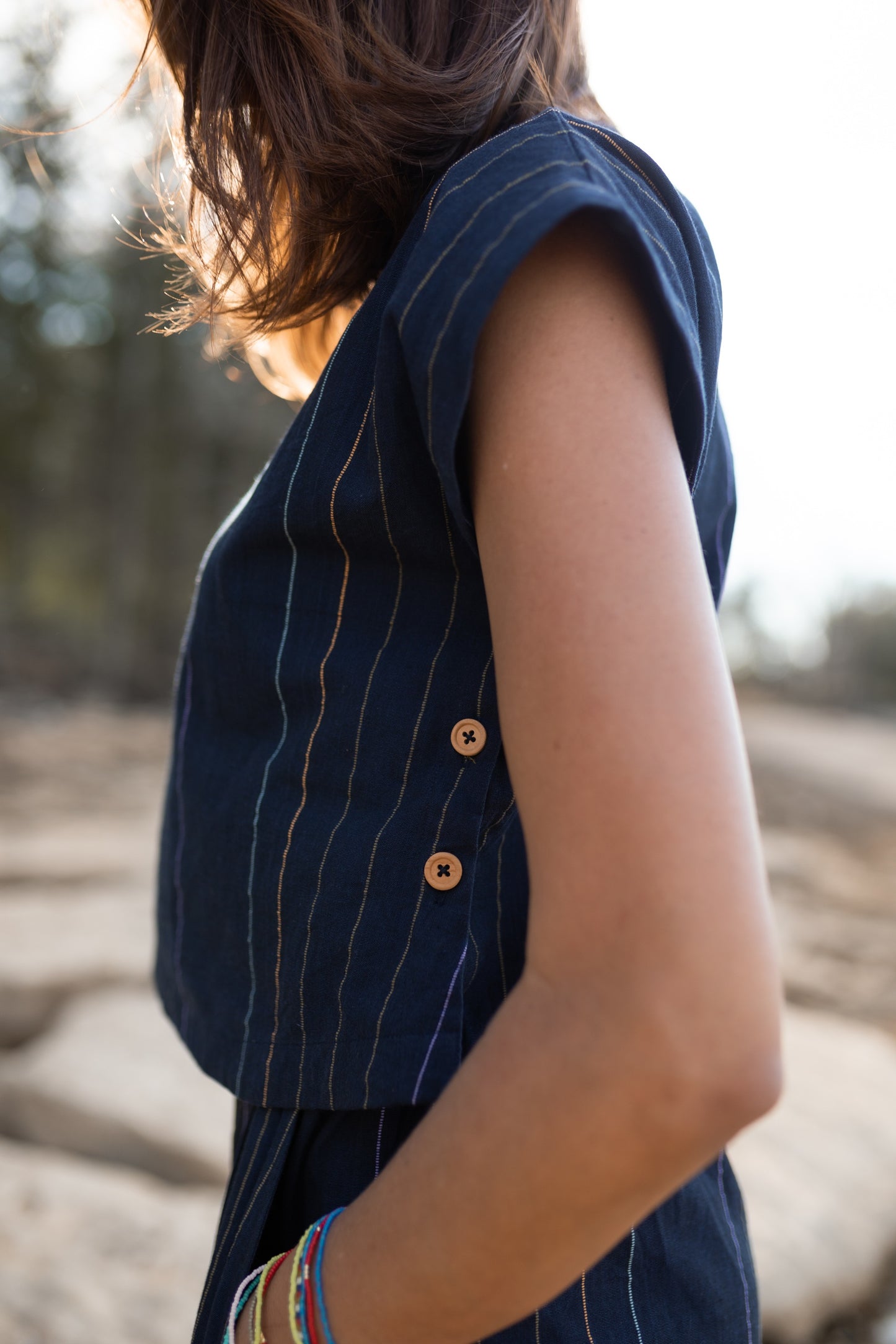 Katie Handwoven Cotton Set in Navy Pin Stripe