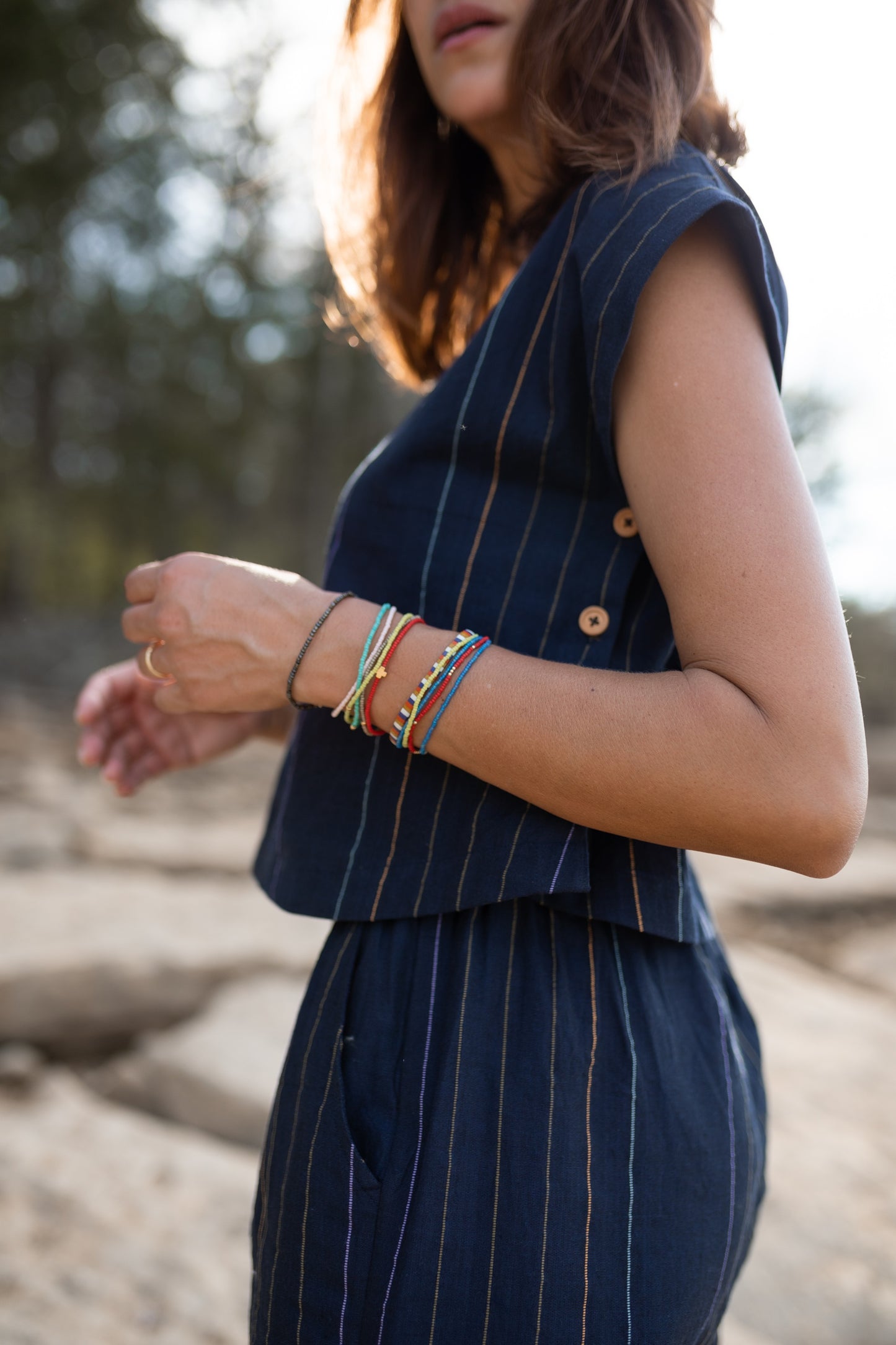 Katie Handwoven Cotton Set in Navy Pin Stripe