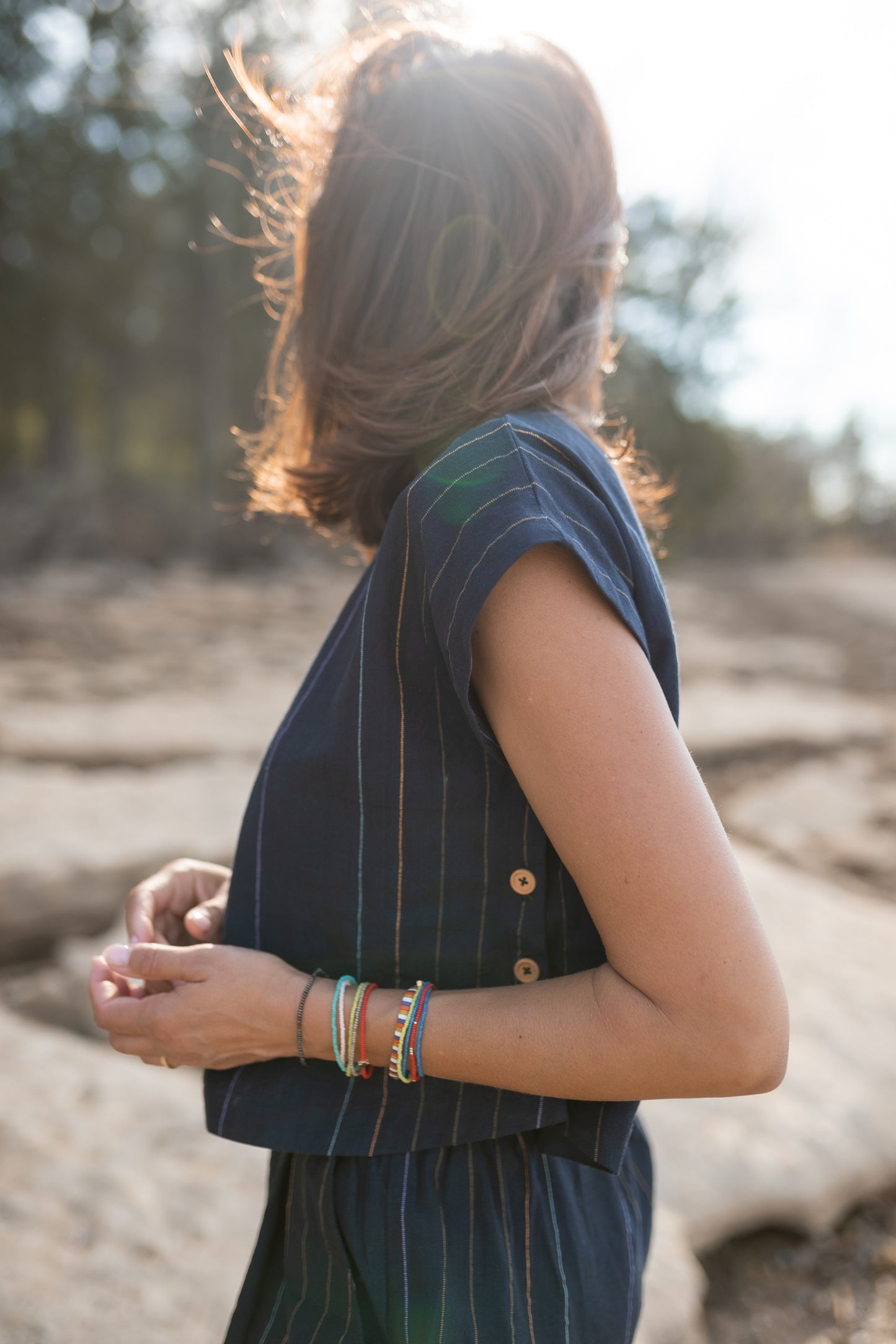 Katie Handwoven Cotton Set in Navy Pin Stripe