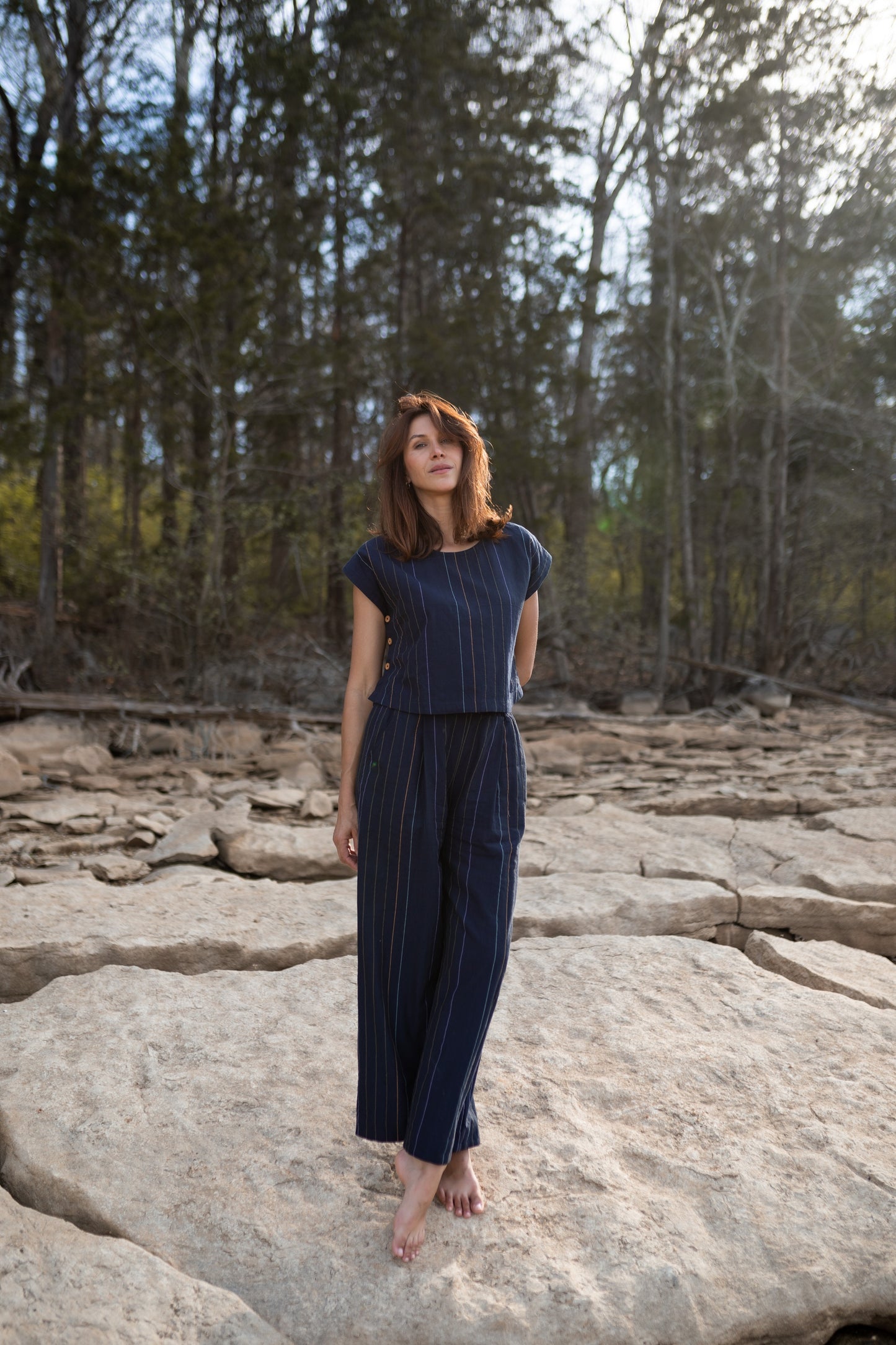 Katie Handwoven Cotton Set in Navy Pin Stripe