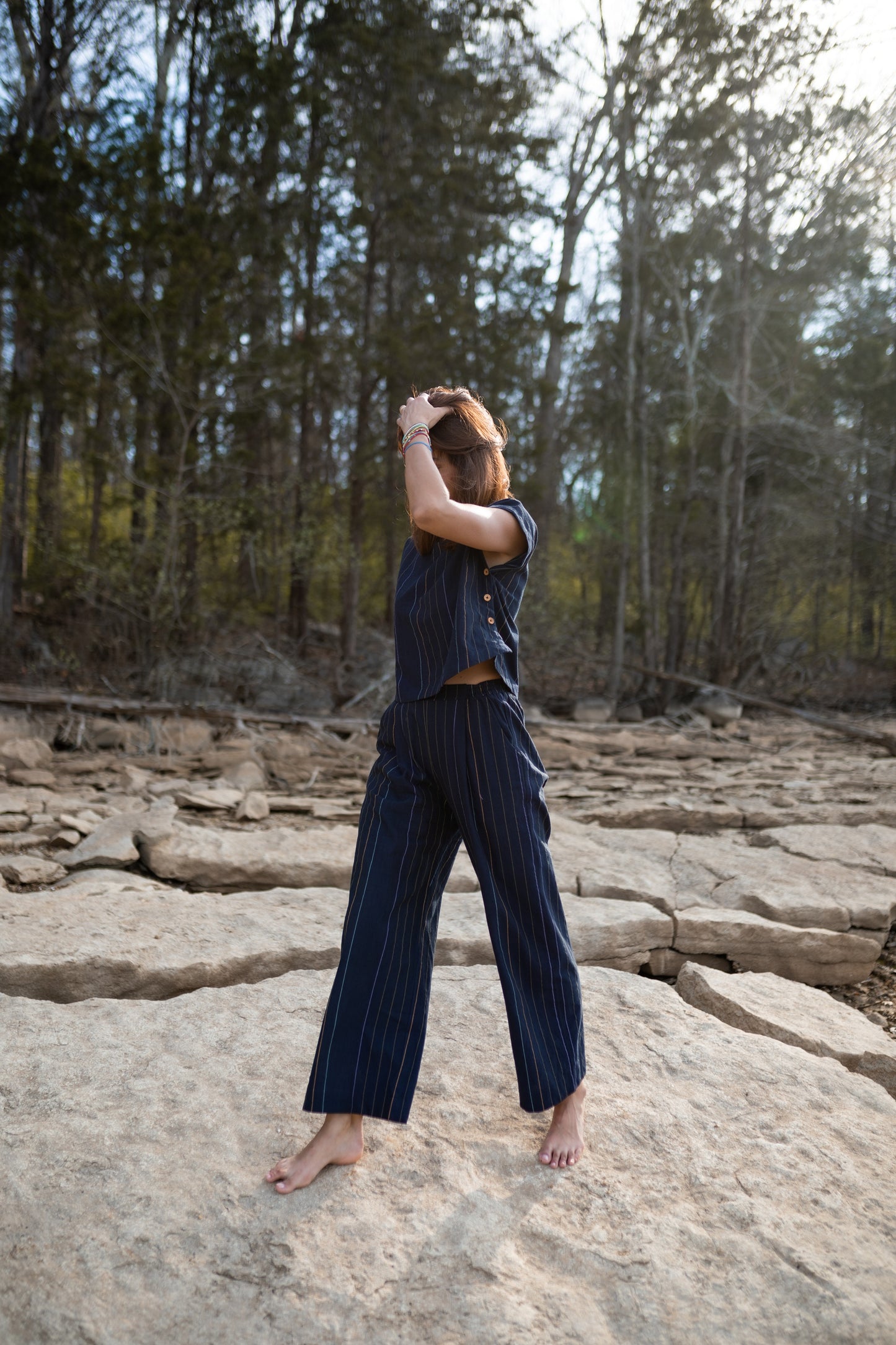 Katie Handwoven Cotton Set in Navy Pin Stripe