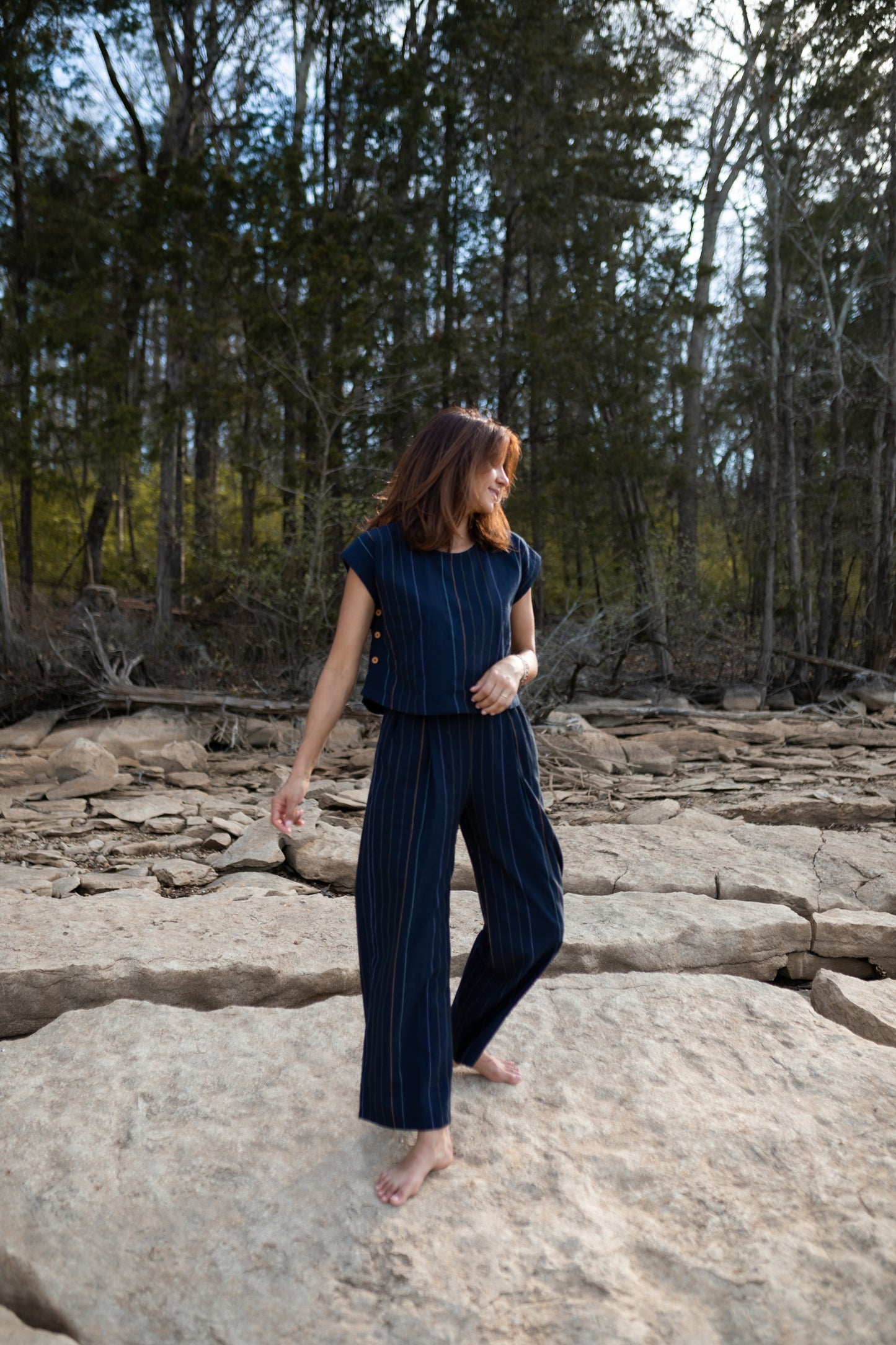 Katie Handwoven Cotton Set in Navy Pin Stripe