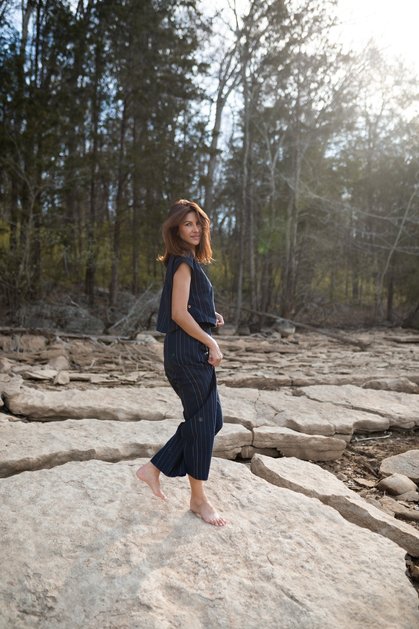 Katie Handwoven Cotton Set in Navy Pin Stripe