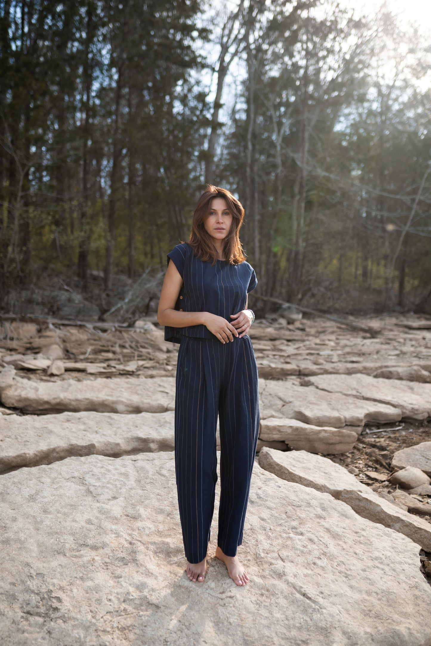 Katie Handwoven Cotton Set in Navy Pin Stripe