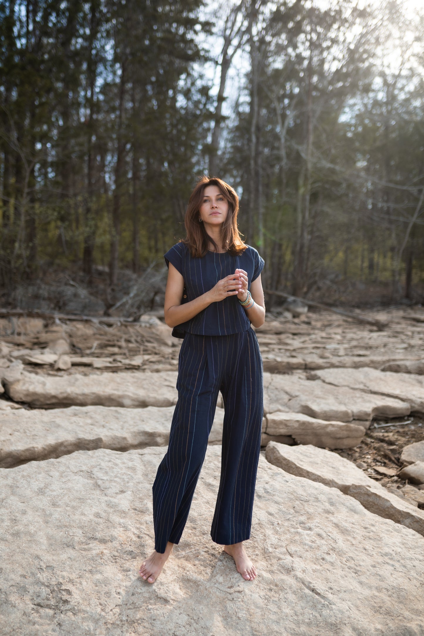 Katie Handwoven Cotton Set in Navy Pin Stripe