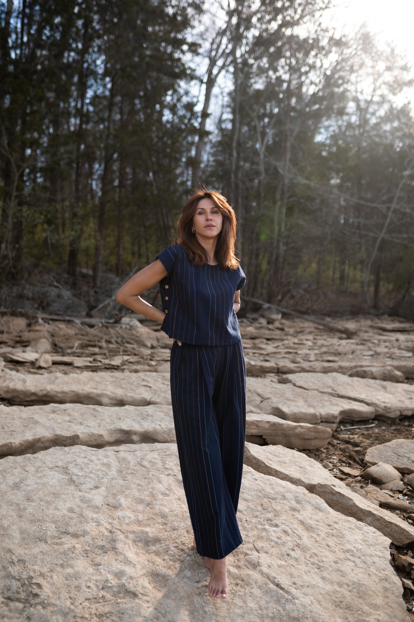 Katie Handwoven Cotton Set in Navy Pin Stripe