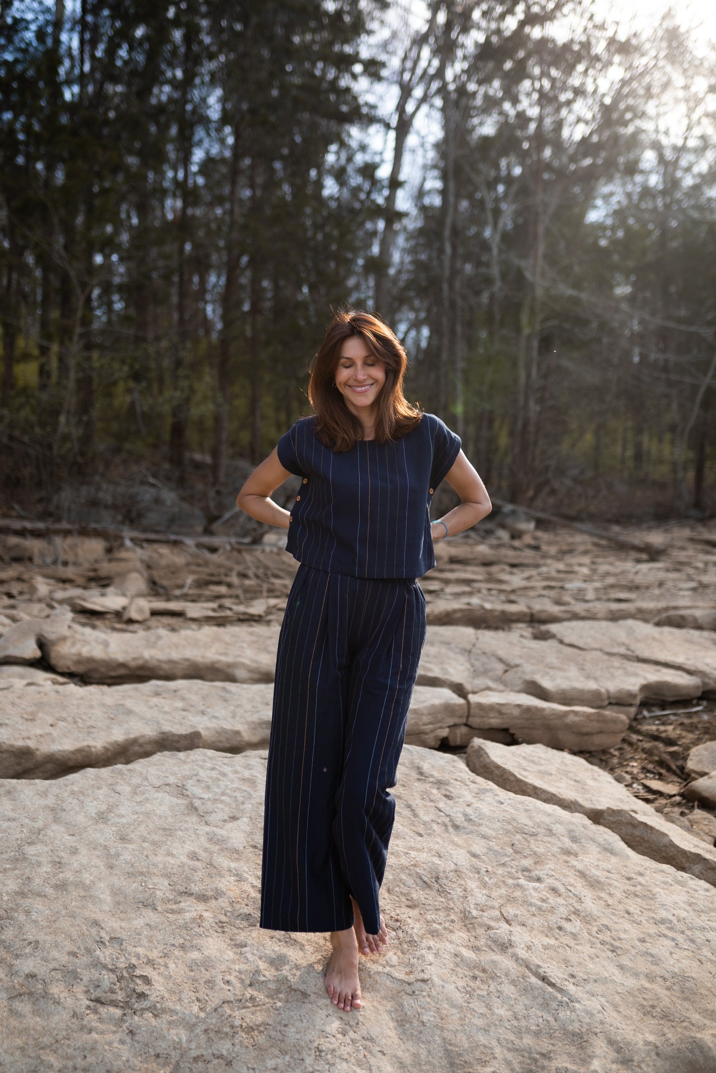 Katie Handwoven Cotton Set in Navy Pin Stripe