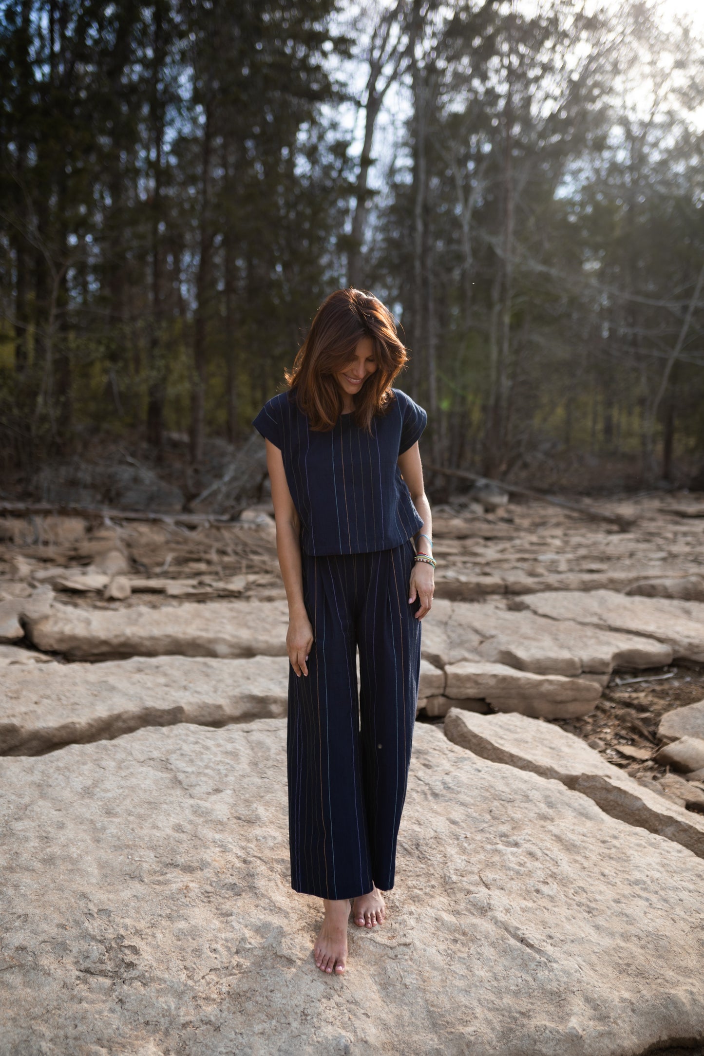 Katie Handwoven Cotton Set in Navy Pin Stripe