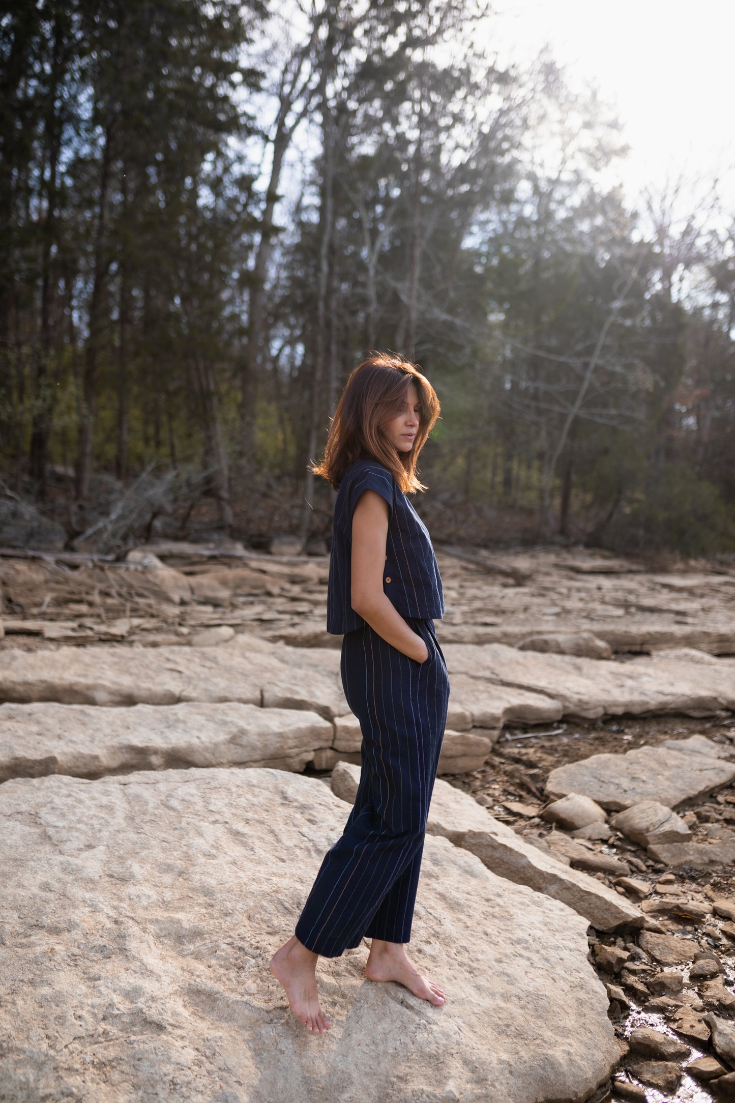 Katie Handwoven Cotton Set in Navy Pin Stripe