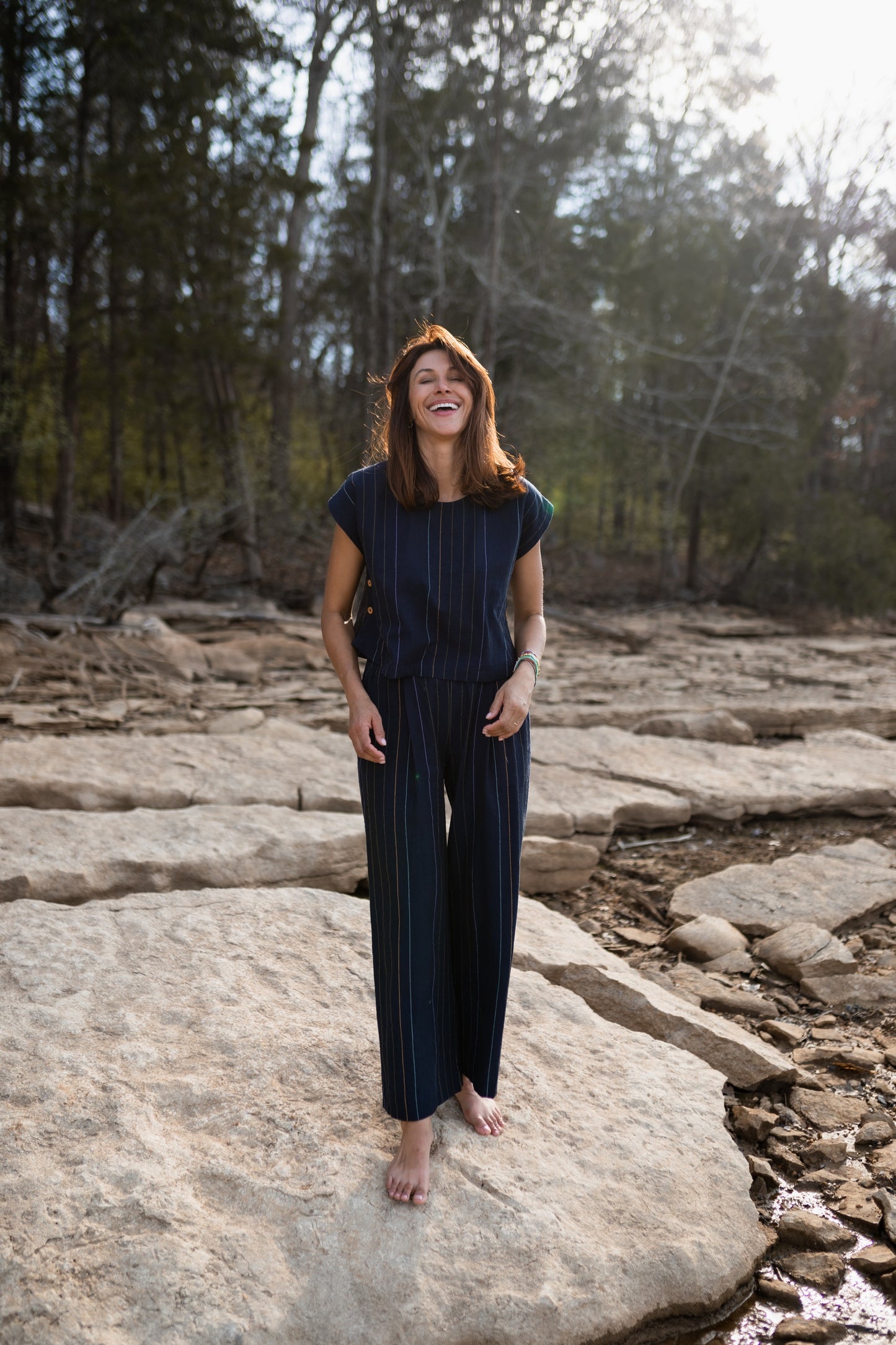 Katie Handwoven Cotton Set in Navy Pin Stripe