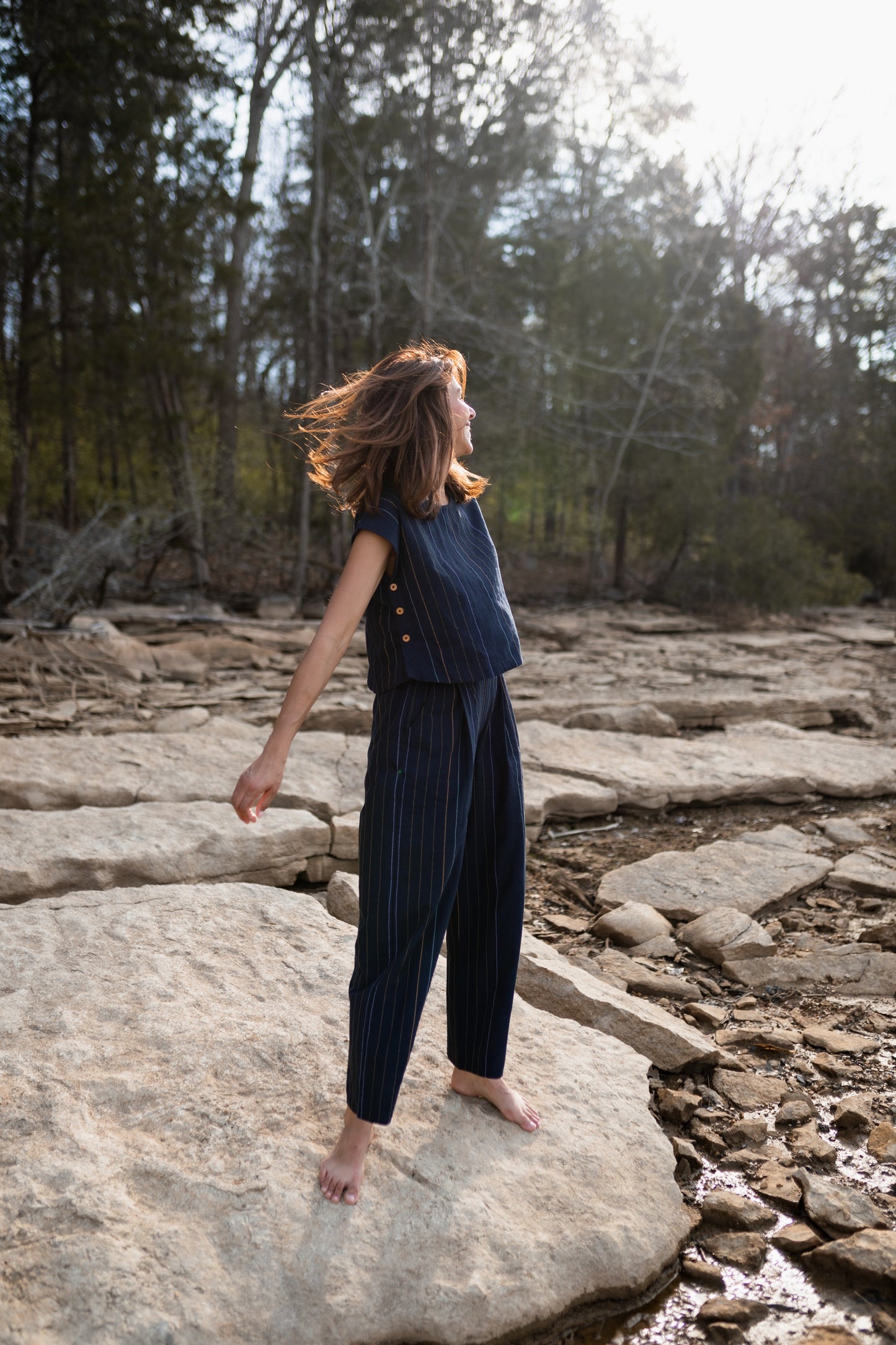 Katie Handwoven Cotton Set in Navy Pin Stripe