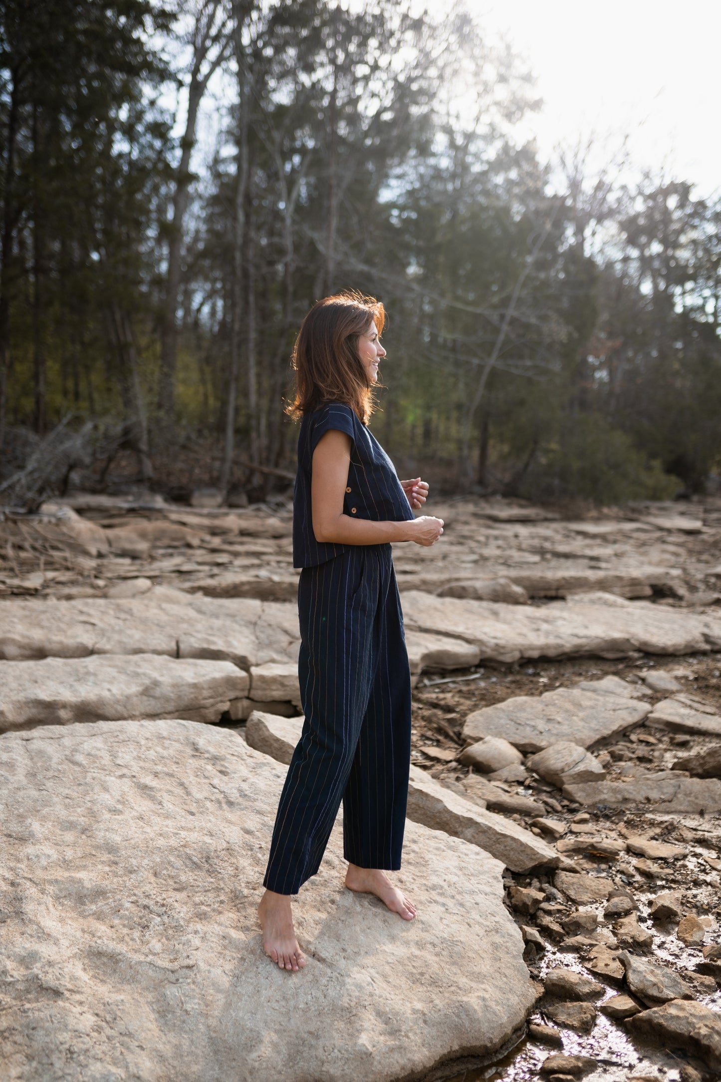 Katie Handwoven Cotton Set in Navy Pin Stripe