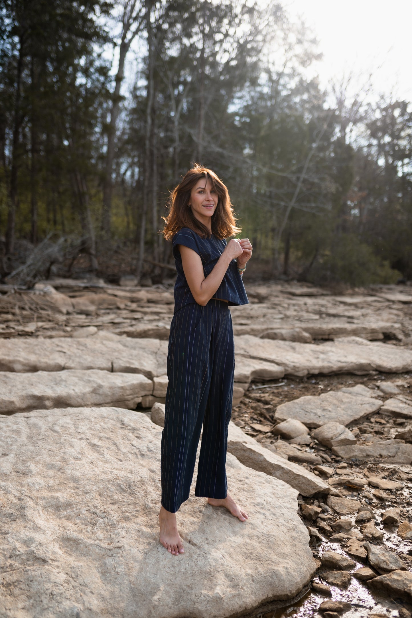 Katie Handwoven Cotton Set in Navy Pin Stripe