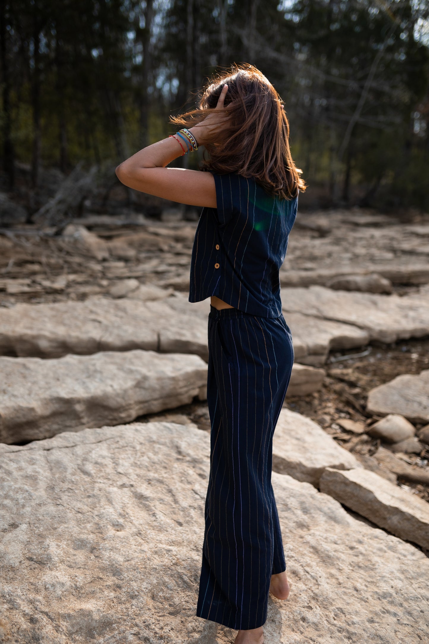 Katie Handwoven Cotton Set in Navy Pin Stripe