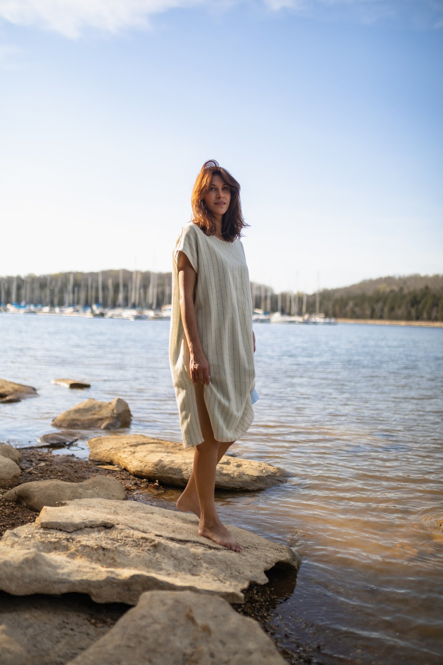 Lara Loose Weave Wool Shift Dress in Cream and Baby Blue Stripe Made to Order