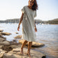 Lara Loose Weave Wool Shift Dress in Cream and Baby Blue Stripe Made to Order
