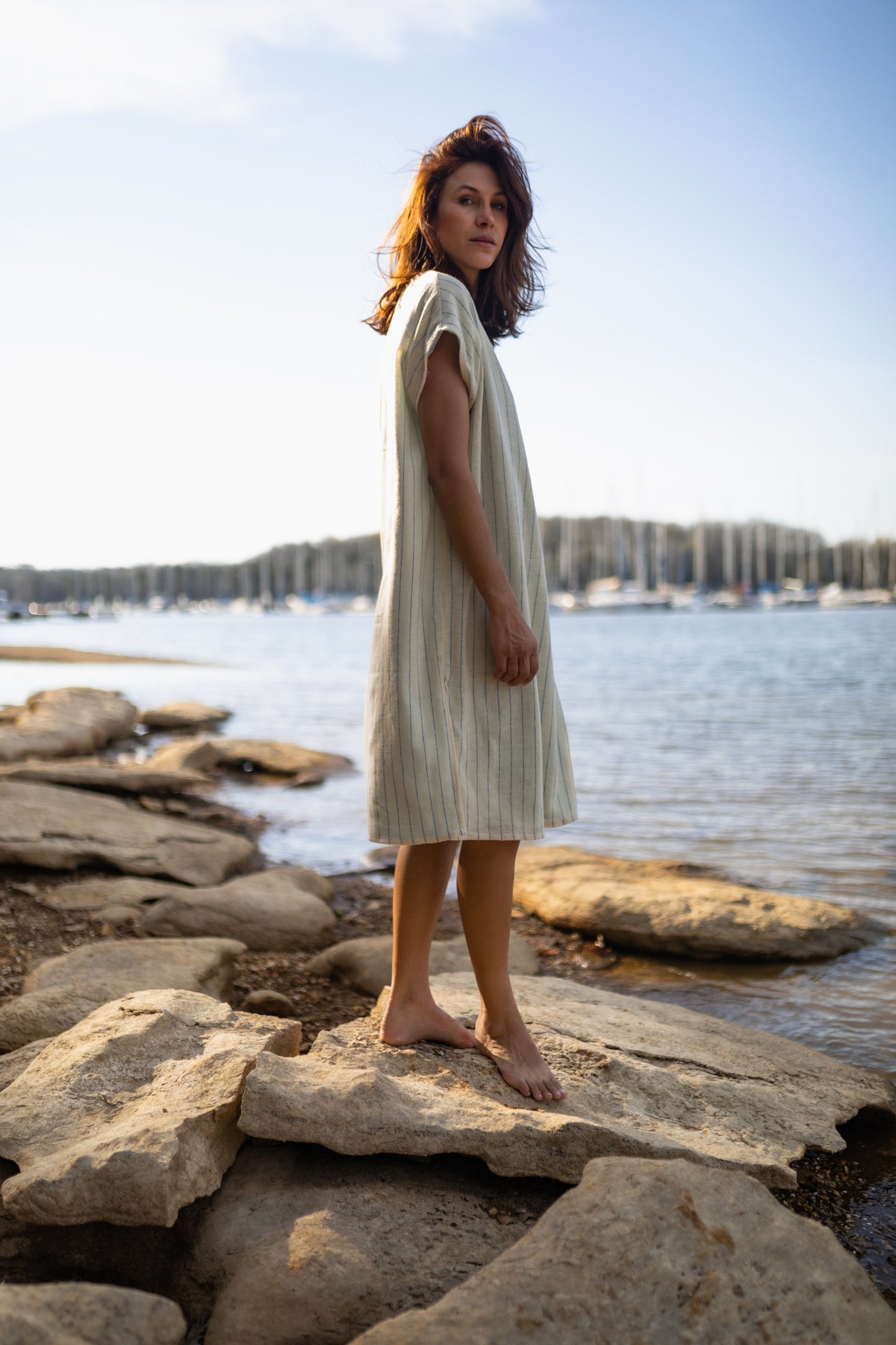 Lara Loose Weave Wool Shift Dress in Cream and Baby Blue Stripe Made to Order