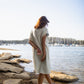 Lara Loose Weave Wool Shift Dress in Cream and Baby Blue Stripe Made to Order