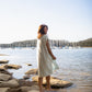 Lara Loose Weave Wool Shift Dress in Cream and Baby Blue Stripe Made to Order