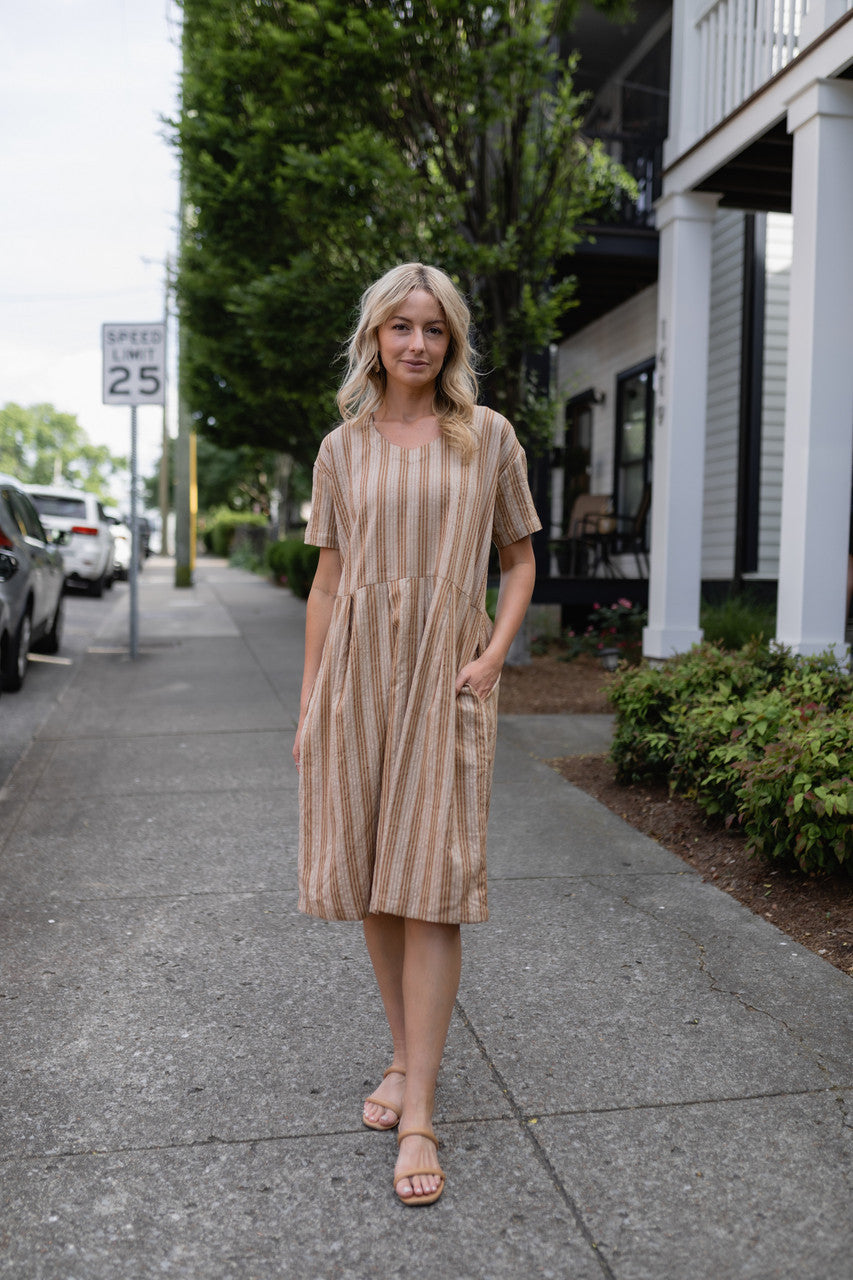 Eloise Handwoven Cotton Dress in Mustard and Cream