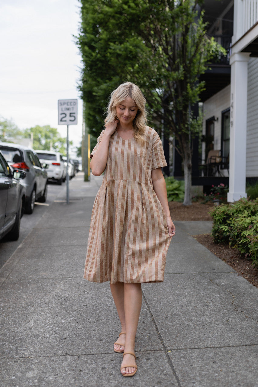 Eloise Handwoven Cotton Dress in Mustard and Cream