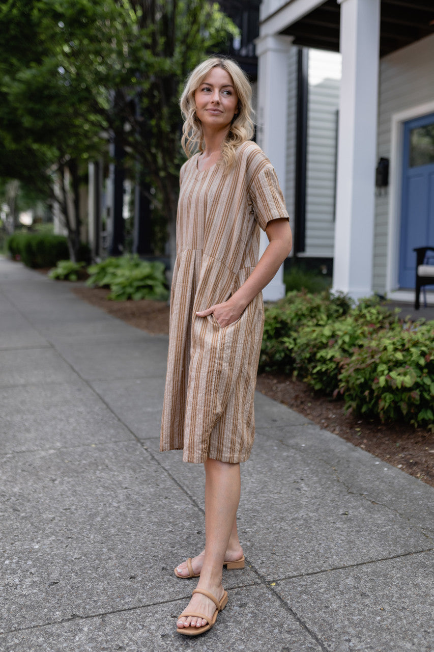 Eloise Handwoven Cotton Dress in Mustard and Cream