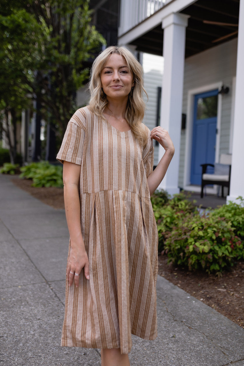 Eloise Handwoven Cotton Dress in Mustard and Cream