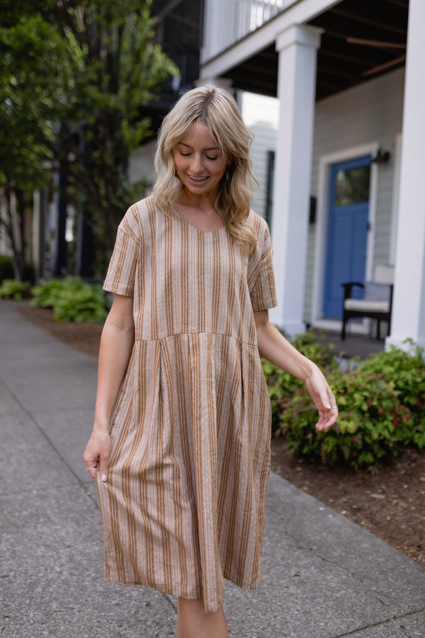 Eloise Handwoven Cotton Dress in Mustard and Cream