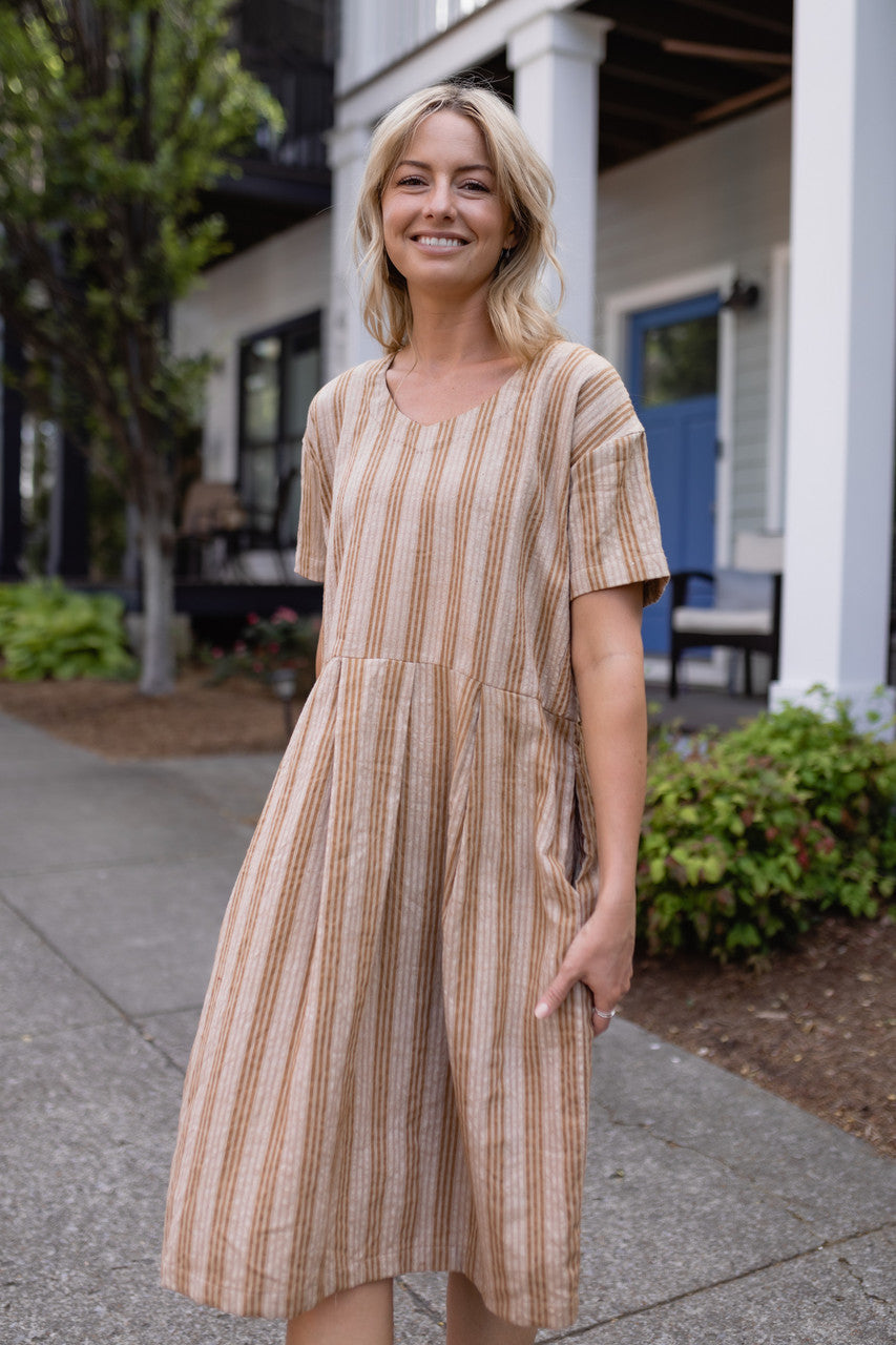 Eloise Handwoven Cotton Dress in Mustard and Cream