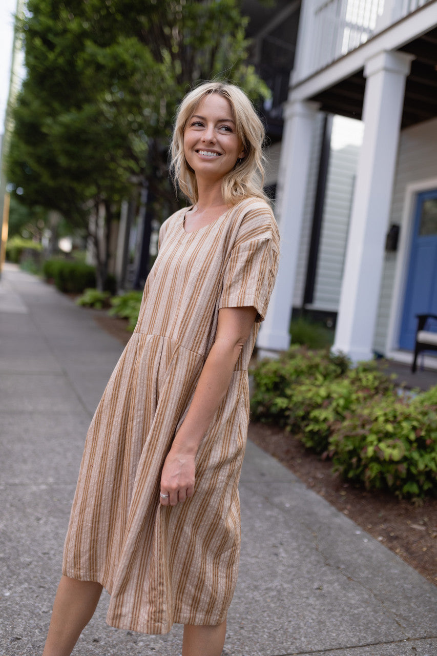 Eloise Handwoven Cotton Dress in Mustard and Cream