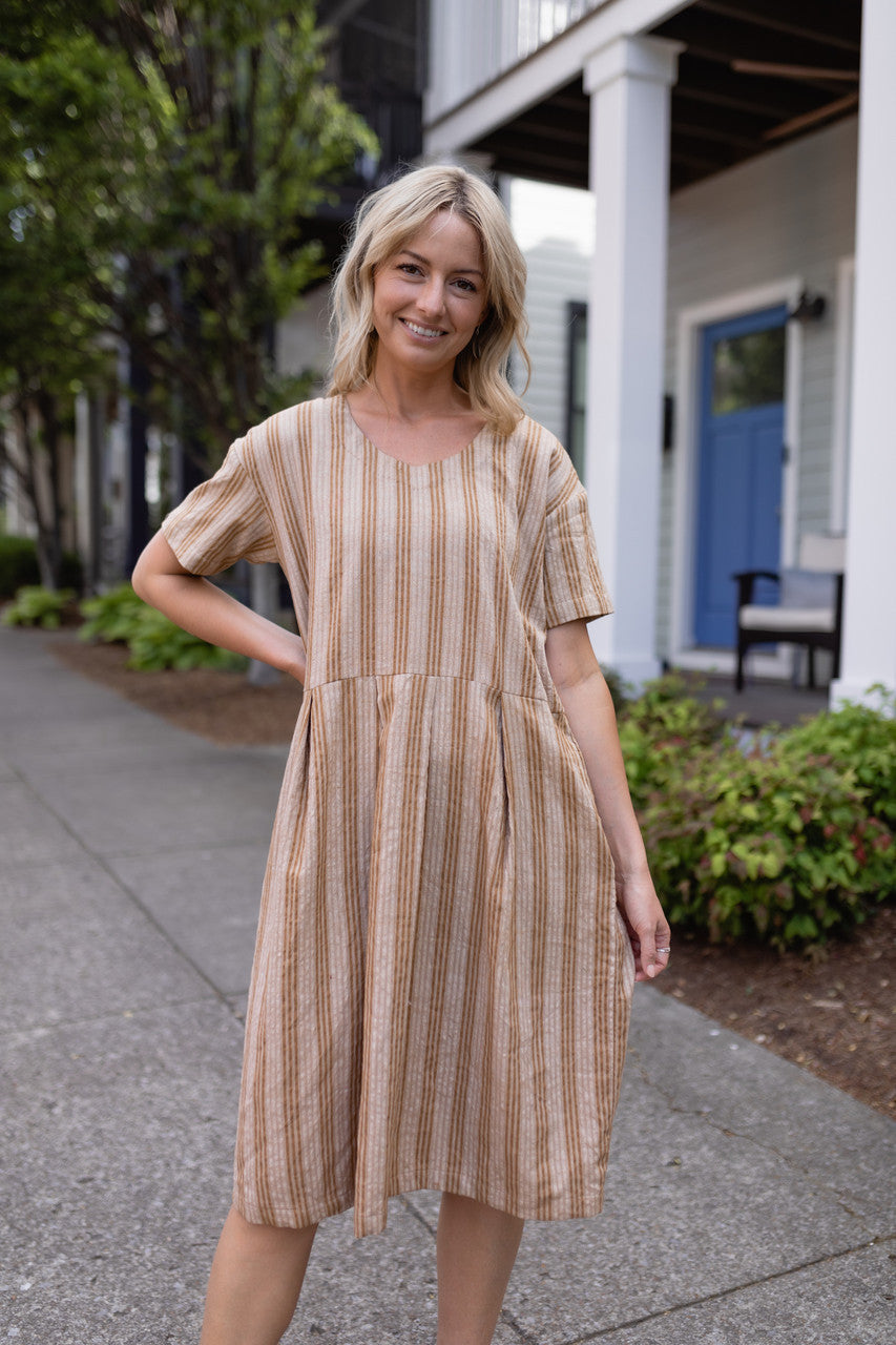 Eloise Handwoven Cotton Dress in Mustard and Cream