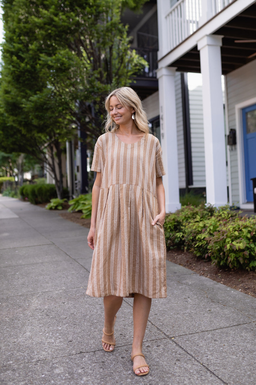 Eloise Handwoven Cotton Dress in Mustard and Cream