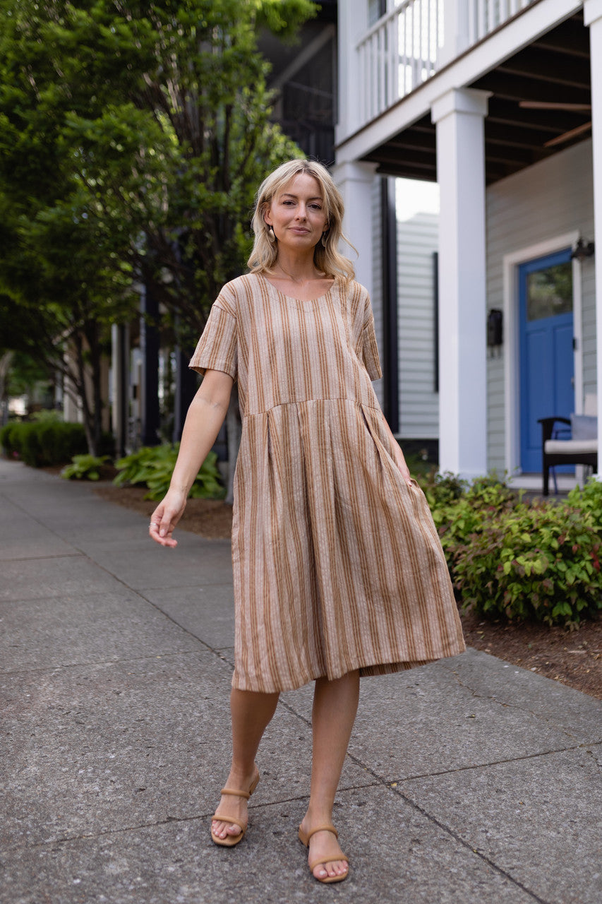 Eloise Handwoven Cotton Dress in Mustard and Cream