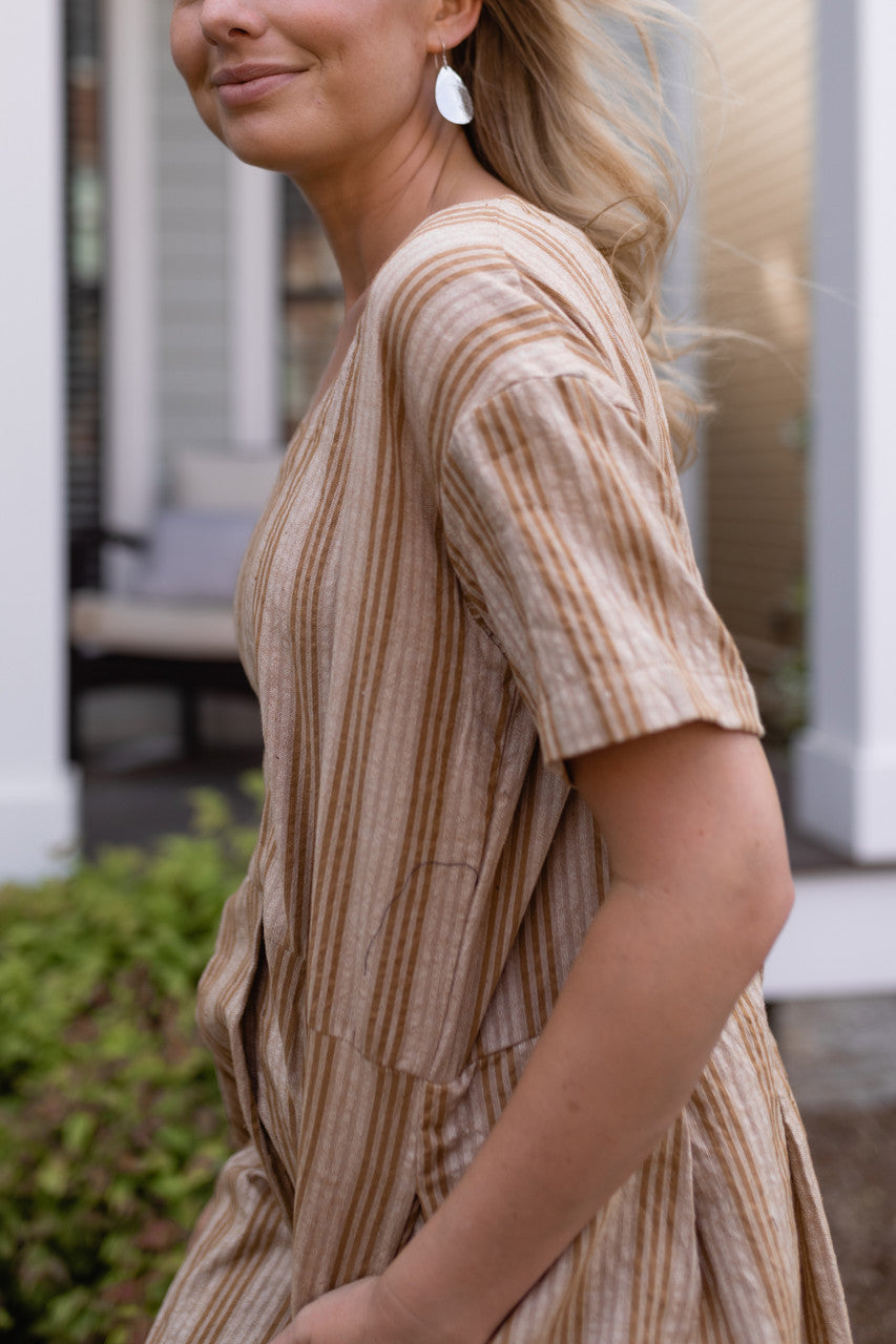 Eloise Handwoven Cotton Dress in Mustard and Cream