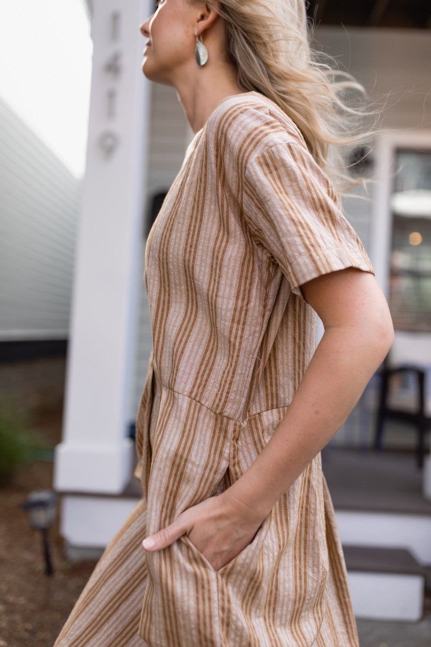 Eloise Handwoven Cotton Dress in Mustard and Cream