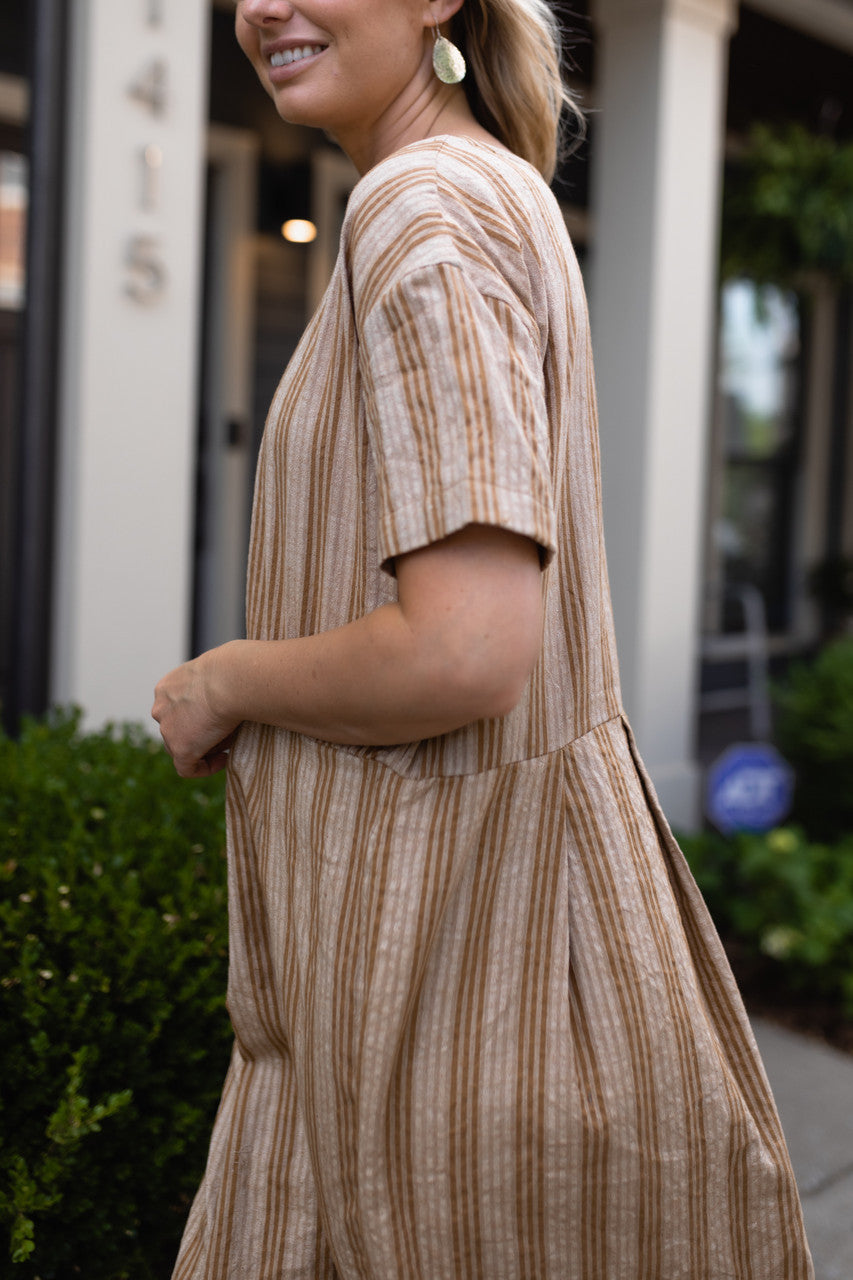 Eloise Handwoven Cotton Dress in Mustard and Cream